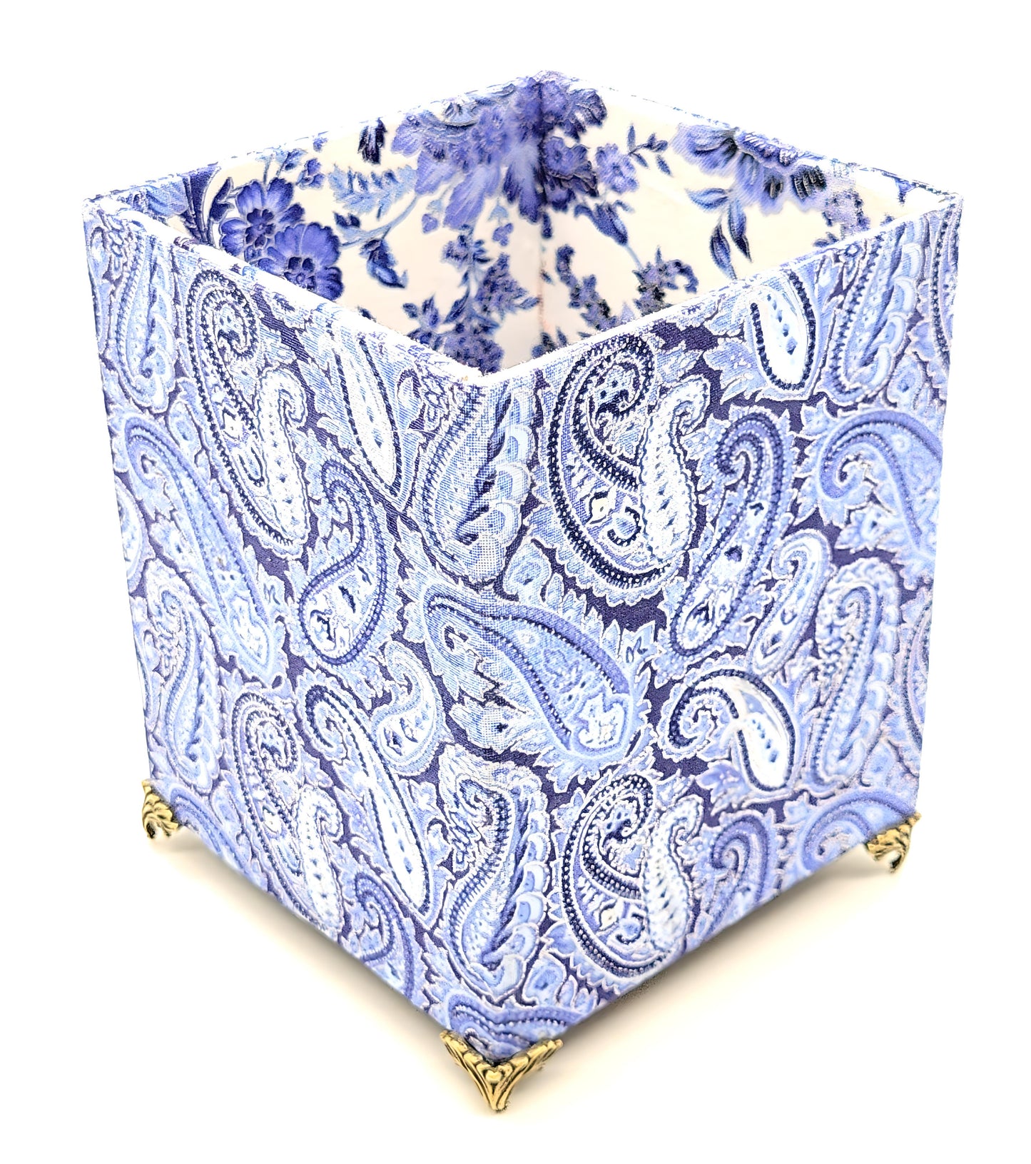Fabric-Covered Pen Pencil Cosmetics Brushes Holder, Desktop Organizer, Blue, White and Silver Paisley - Chic Brico