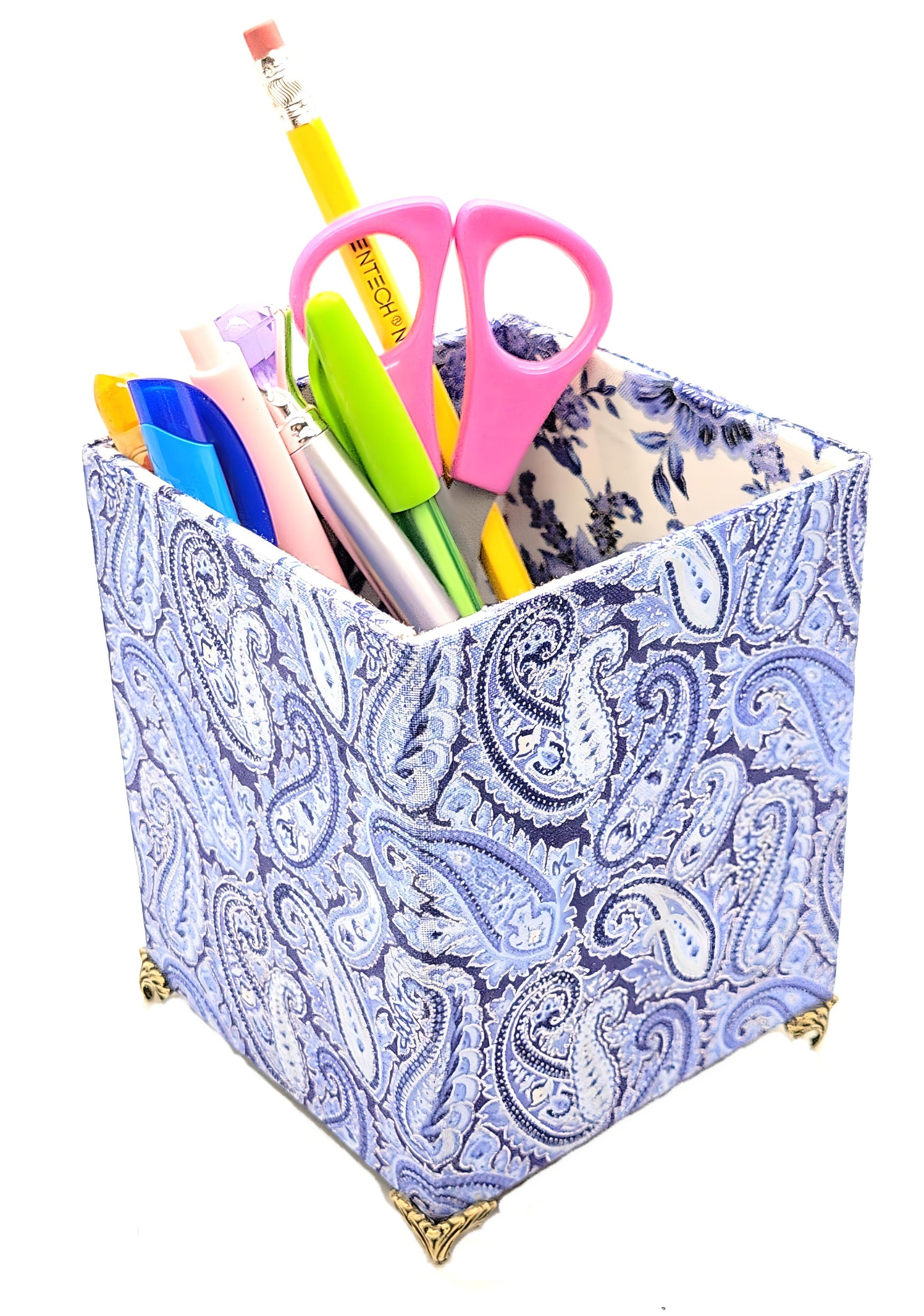 Fabric-Covered Pen Pencil Cosmetics Brushes Holder, Desktop Organizer, Blue, White and Silver Paisley - Chic Brico