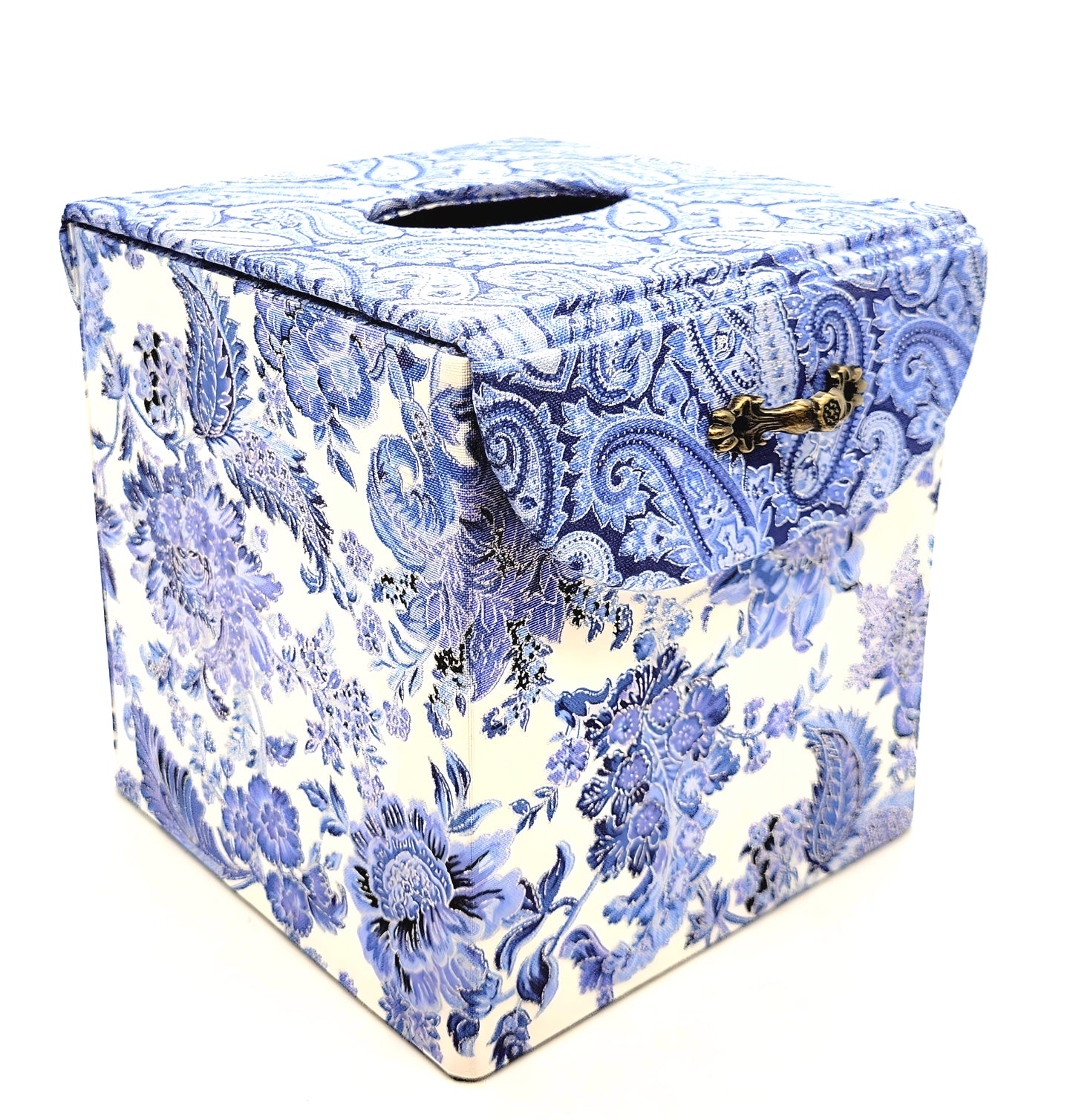 Fabric Covered Tissue Box Holder, Elegant Home, Bath or Bedroom Decor, Delft Blue, White and Silver Paisley - Chic Brico