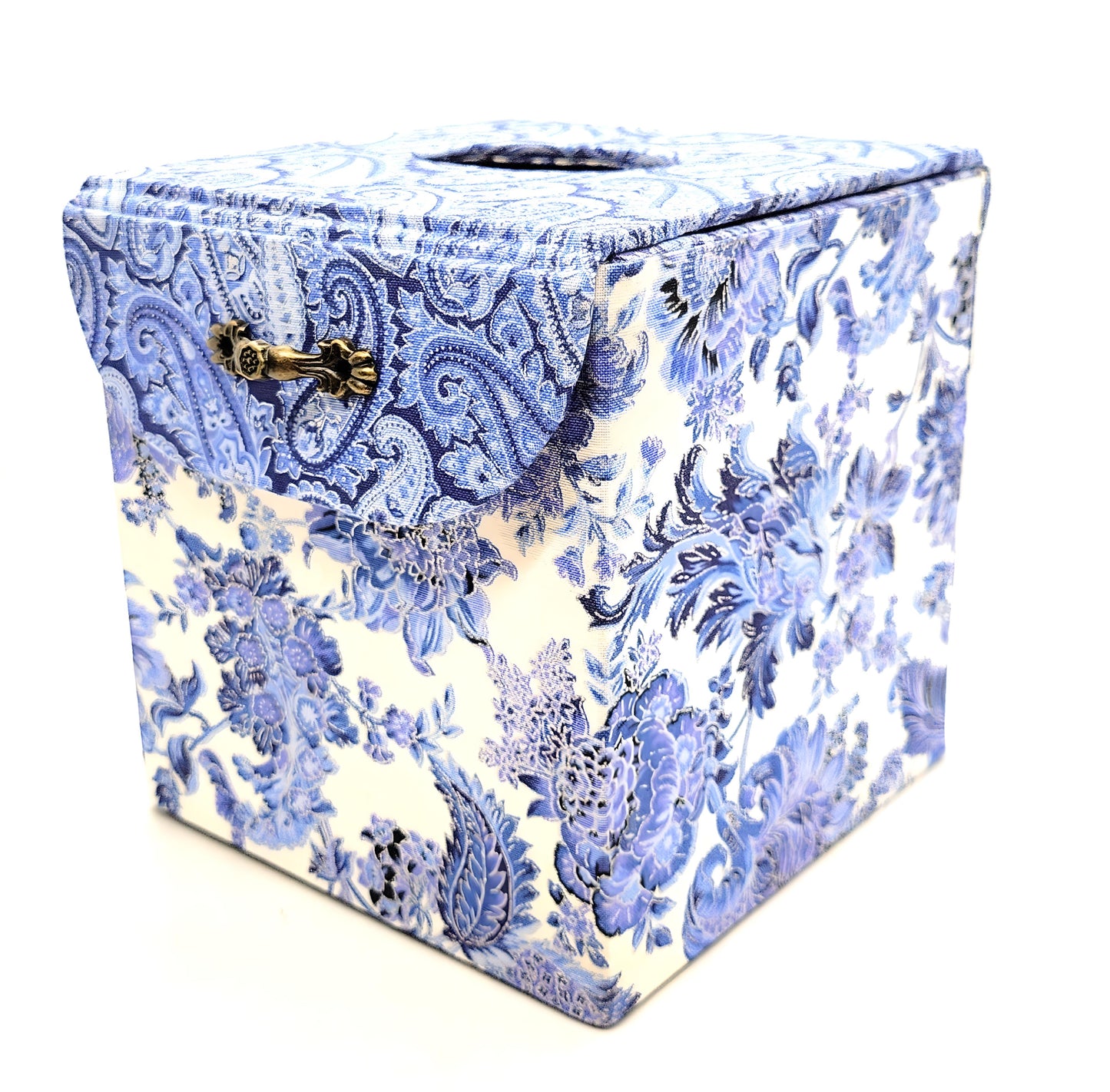 Fabric Covered Tissue Box Holder, Elegant Home, Bath or Bedroom Decor, Delft Blue, White and Silver Paisley - Chic Brico