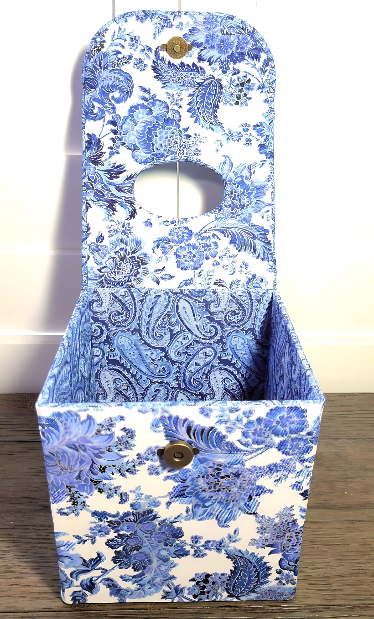 Fabric Covered Tissue Box Holder, Elegant Home, Bath or Bedroom Decor, Delft Blue, White and Silver Paisley - Chic Brico