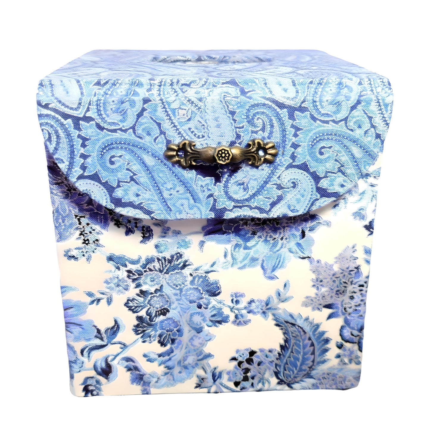 Fabric Covered Tissue Box Holder, Elegant Home, Bath or Bedroom Decor, Delft Blue, White and Silver Paisley - Chic Brico