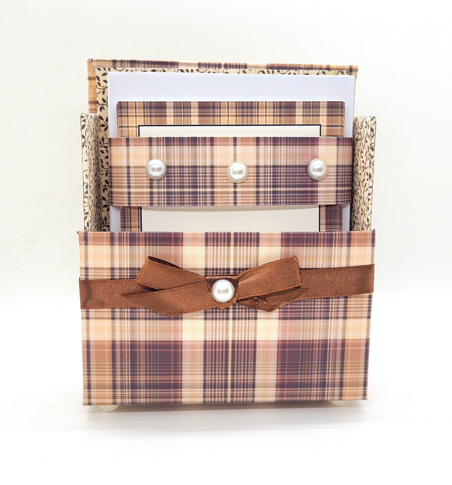 42-Pc Stationery For Him Gift Box Set w/Reusable Desktop Organizer Box and Gold Pen - Brown Plaid - Chic Brico