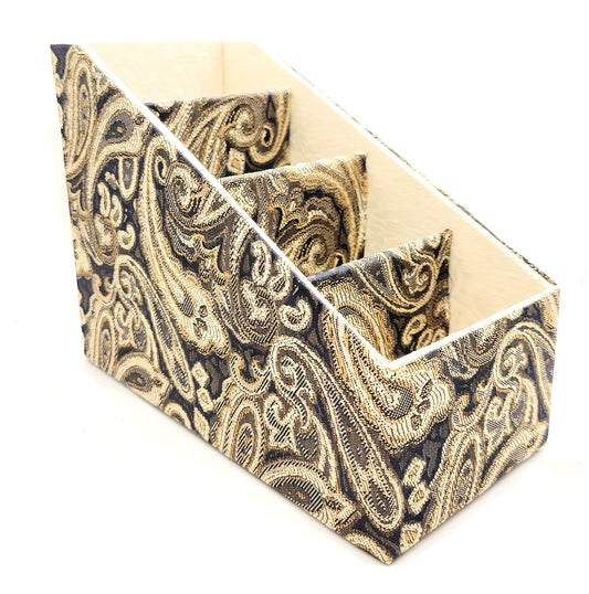 Fabric-Covered Divided Storage Tiered Organizer Box for Desktop or Tabletop - Brown, Gold and Ivory Paisley Tapestry - Chic Brico