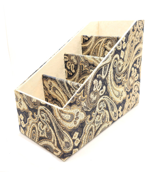 Fabric-Covered Divided Storage Tiered Organizer Box for Desktop or Tabletop - Brown, Gold and Ivory Paisley Tapestry - Chic Brico