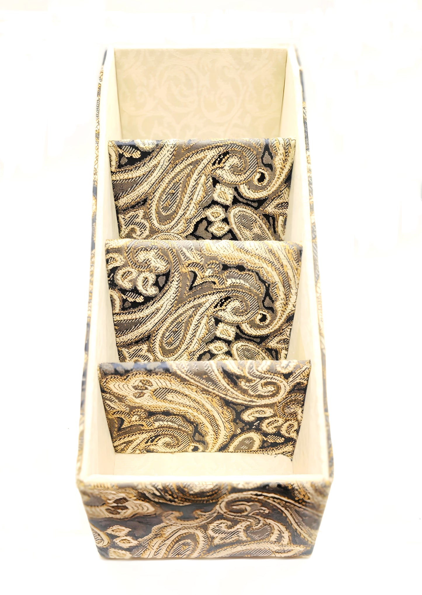 Fabric-Covered Divided Storage Tiered Organizer Box for Desktop or Tabletop - Brown, Gold and Ivory Paisley Tapestry - Chic Brico