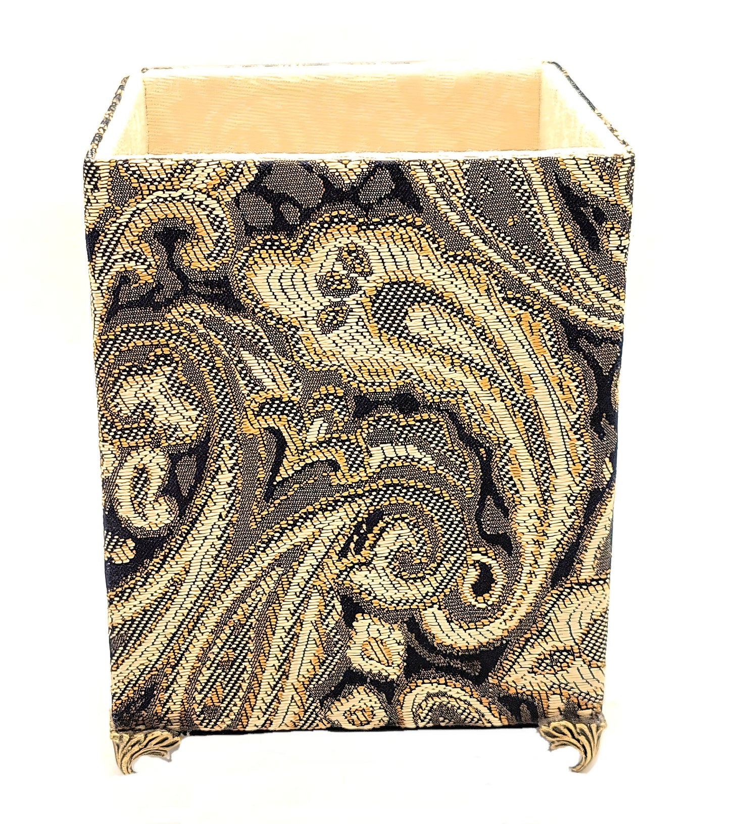 Fabric-Covered Pen Pencil Cosmetics Brushes Holder, Desktop Organizer, Black, Gold and Ivory Tapestry - Chic Brico