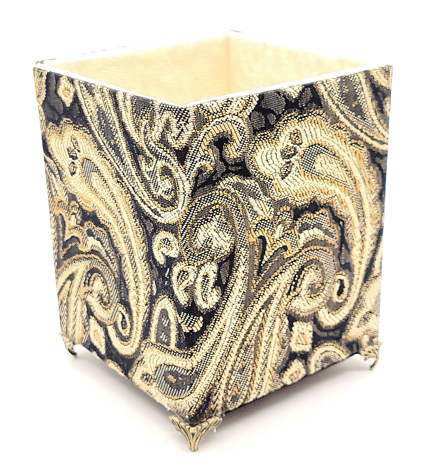 Fabric-Covered Pen Pencil Cosmetics Brushes Holder, Desktop Organizer, Black, Gold and Ivory Tapestry - Chic Brico
