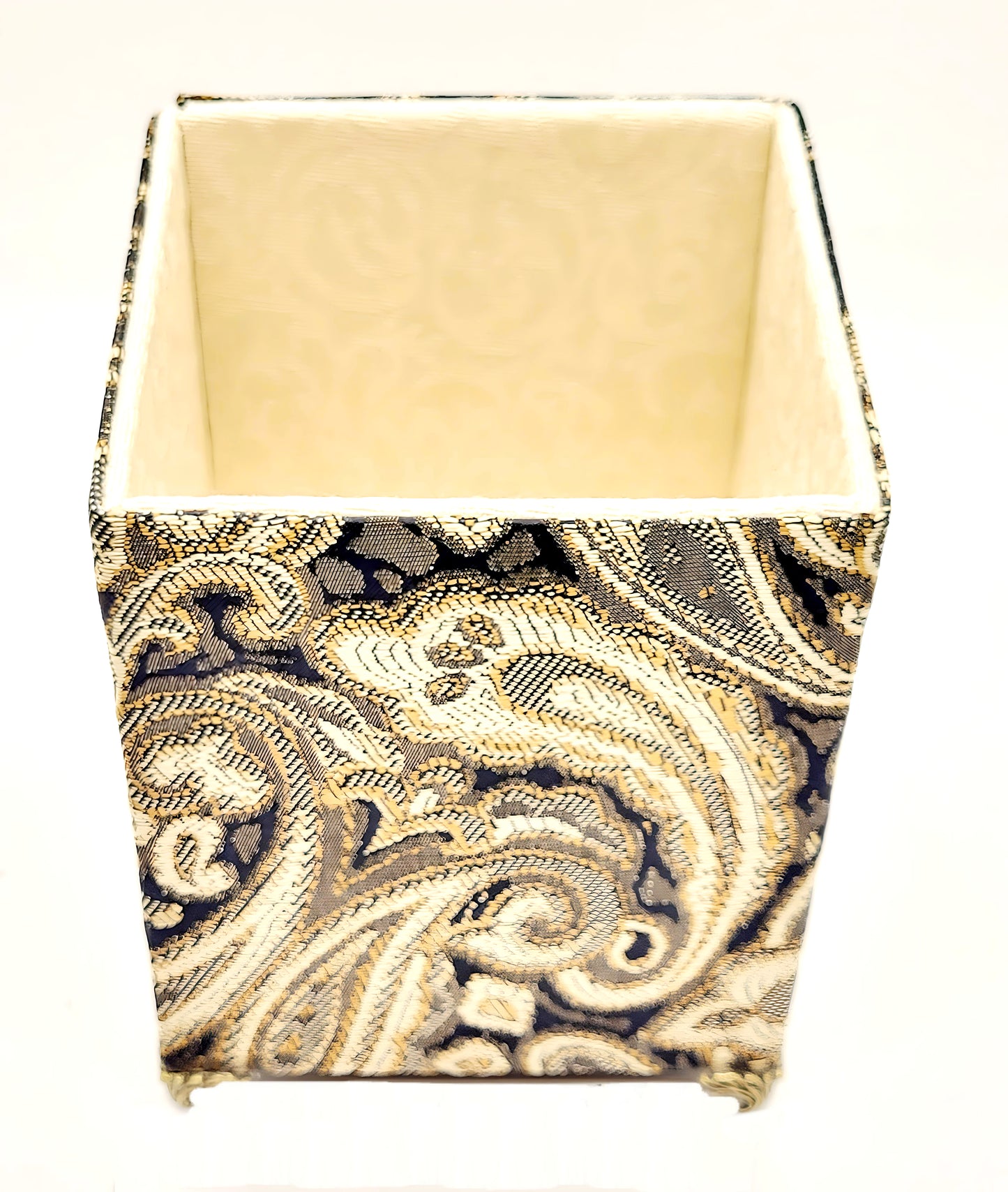 Fabric-Covered Pen Pencil Cosmetics Brushes Holder, Desktop Organizer, Black, Gold and Ivory Tapestry - Chic Brico