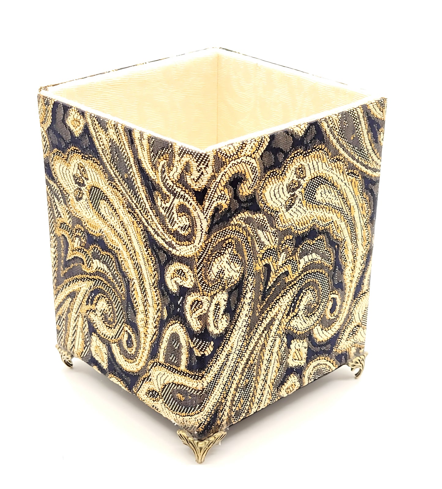 Fabric-Covered Pen Pencil Cosmetics Brushes Holder, Desktop Organizer, Black, Gold and Ivory Tapestry - Chic Brico