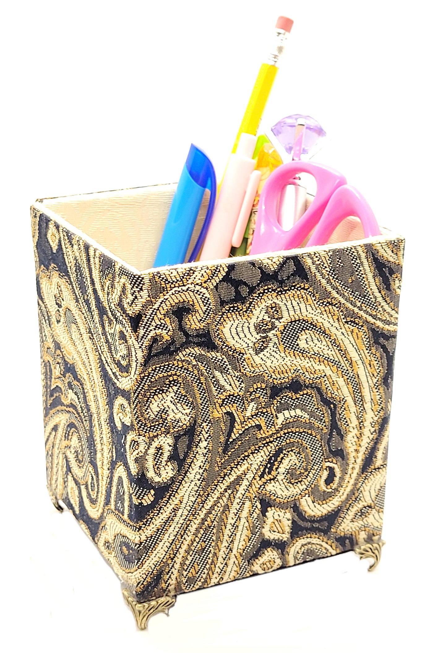 Fabric-Covered Pen Pencil Cosmetics Brushes Holder, Desktop Organizer, Black, Gold and Ivory Tapestry - Chic Brico