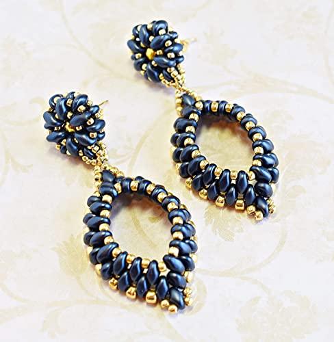 Navy Blue and Gold Two-Layer Oval Hoop Drop Earrings - Chic Brico