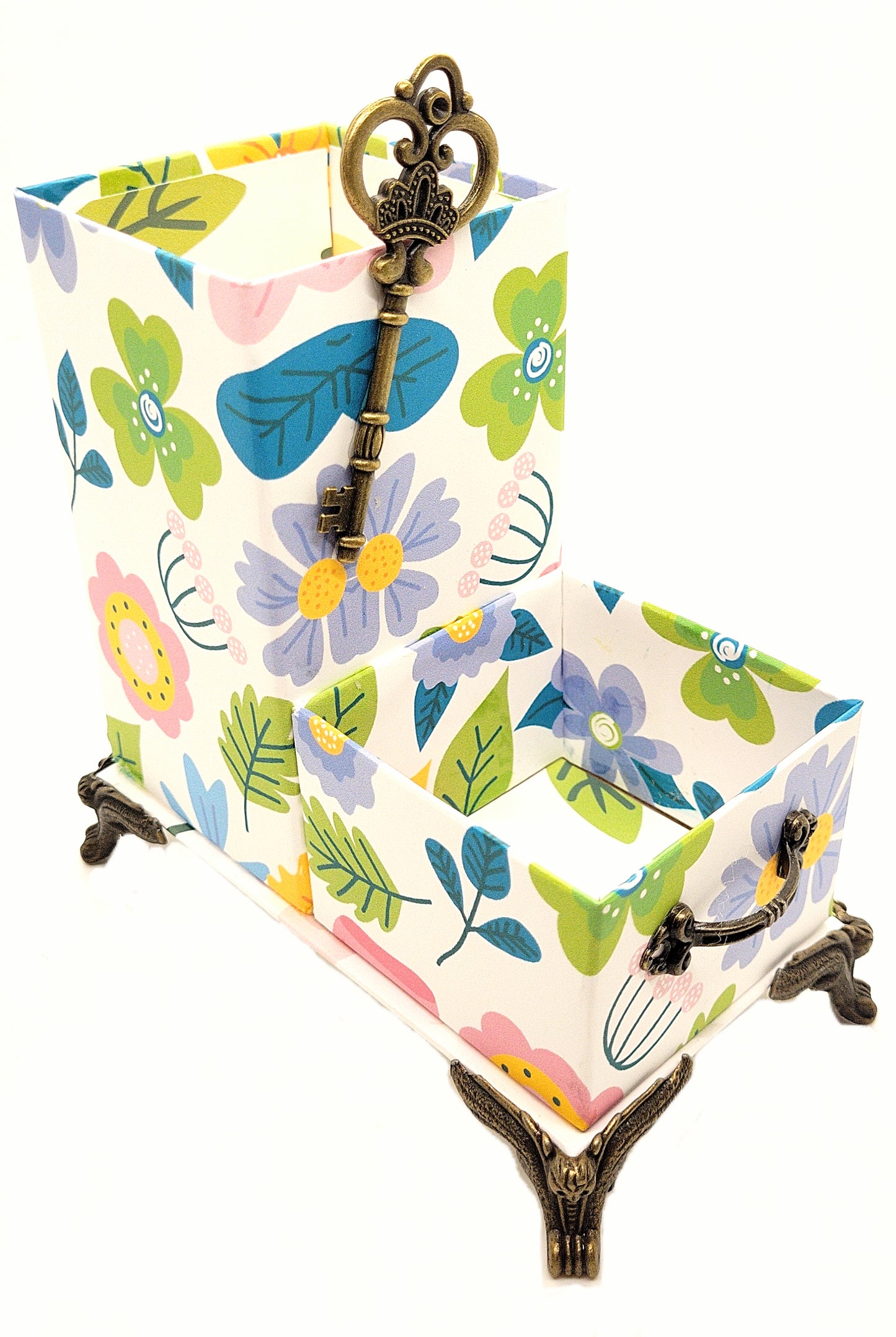 Office Desktop Organizer for Pens and Clips w/Antique Key Accent - Cartoon Flowers - Chic Brico