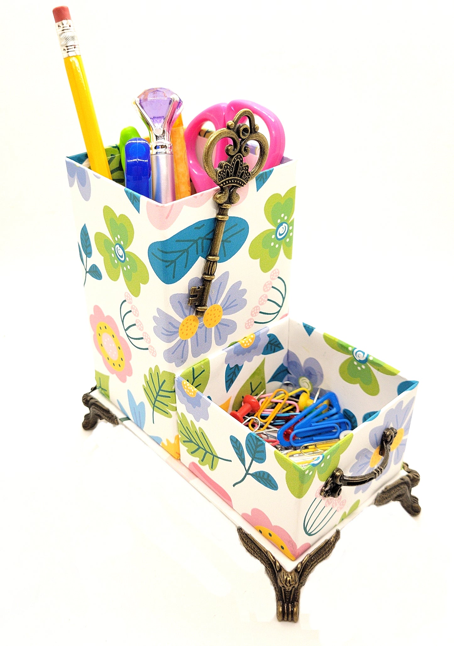 Office Desktop Organizer for Pens and Clips w/Antique Key Accent - Cartoon Flowers - Chic Brico