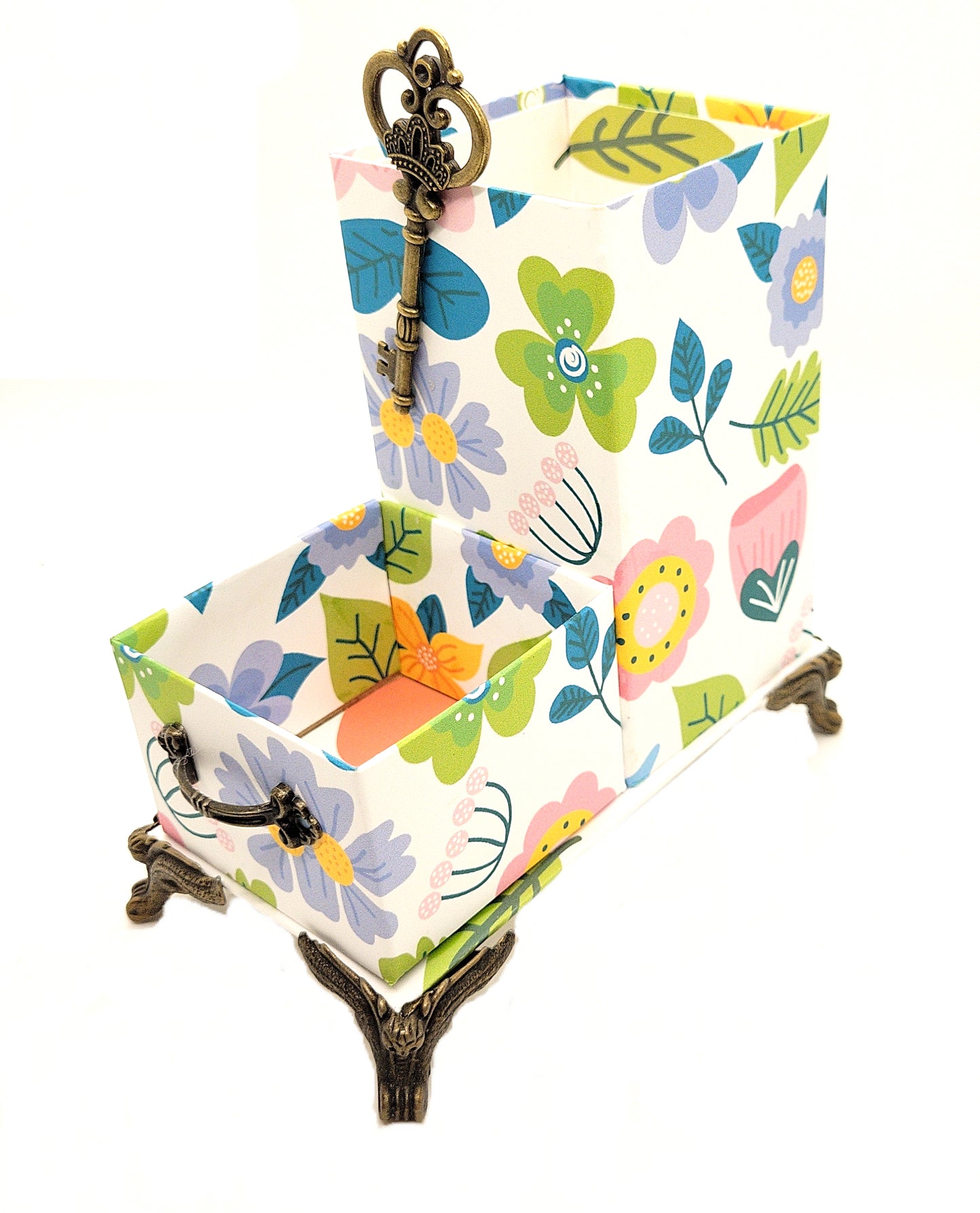 Office Desktop Organizer for Pens and Clips w/Antique Key Accent - Cartoon Flowers - Chic Brico