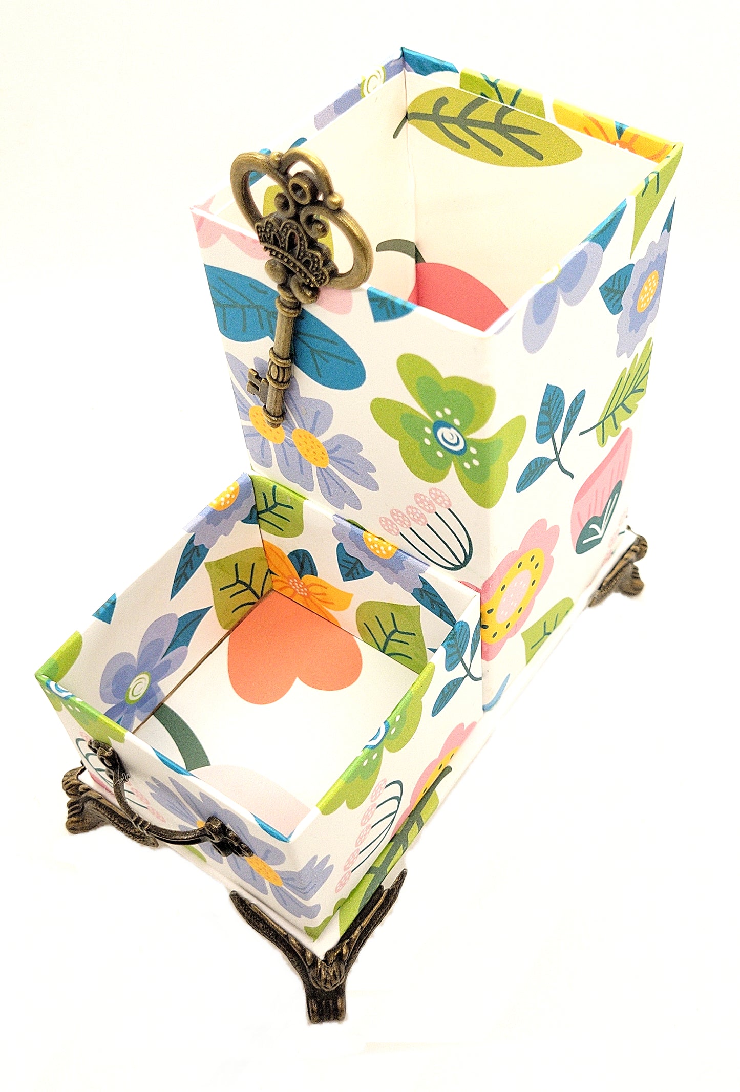 Office Desktop Organizer for Pens and Clips w/Antique Key Accent - Cartoon Flowers - Chic Brico
