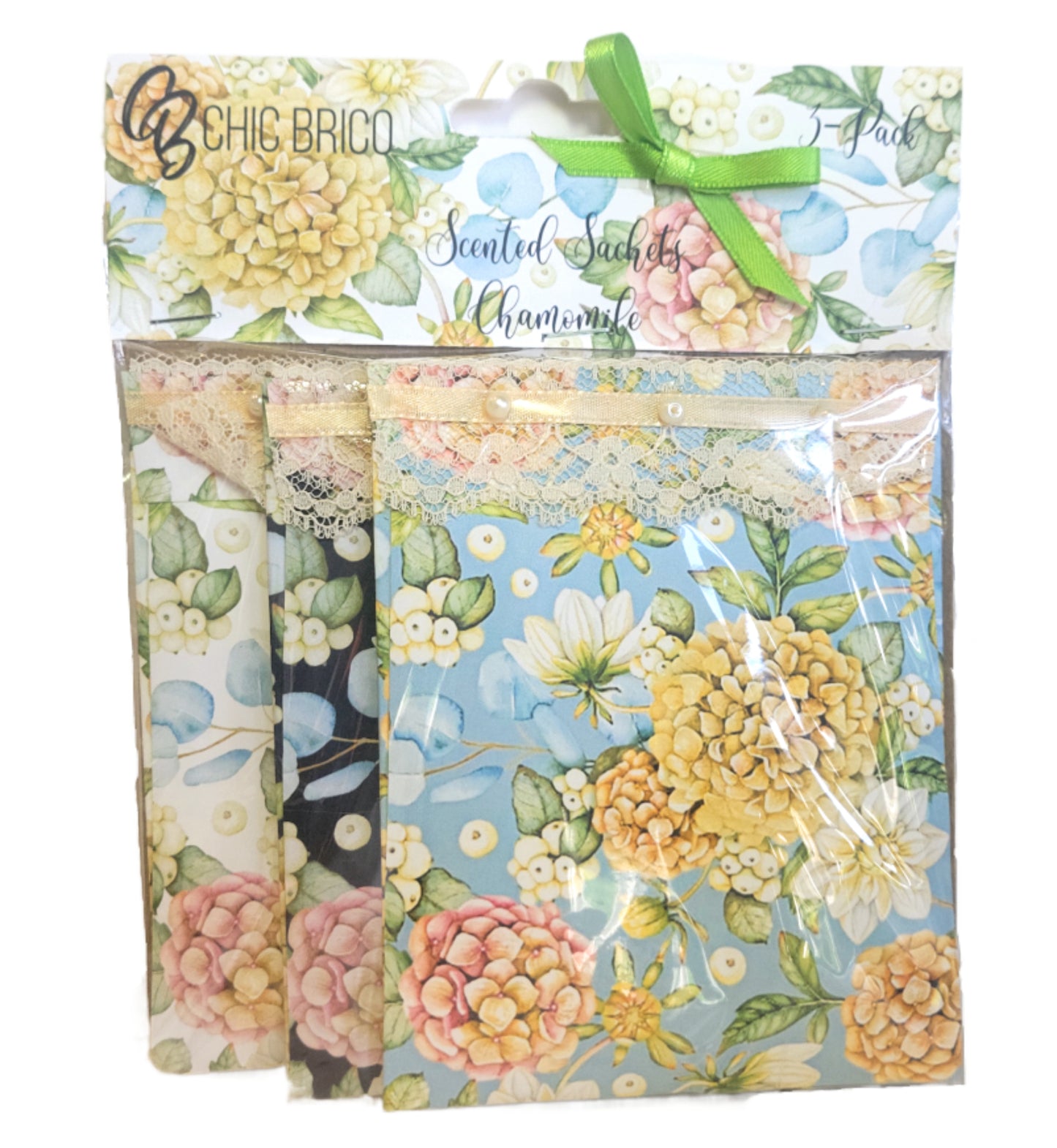 Pearls & Lace Chamomile Scented Drawer, Closet & Car Sachets, Large Size 4" x 5", 3-Pack - Chic Brico