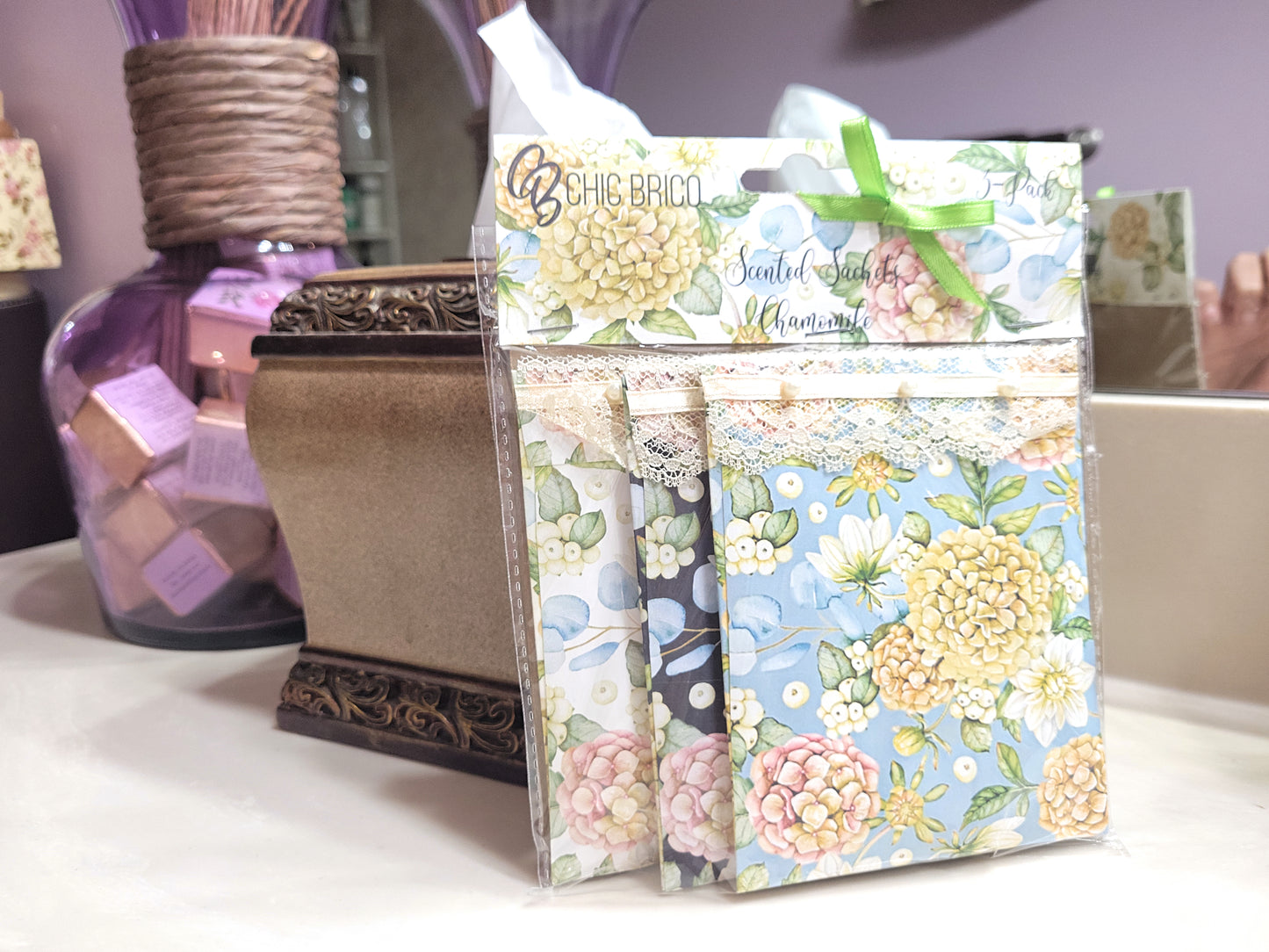Pearls & Lace Chamomile Scented Drawer, Closet & Car Sachets, Large Size 4" x 5", 3-Pack - Chic Brico