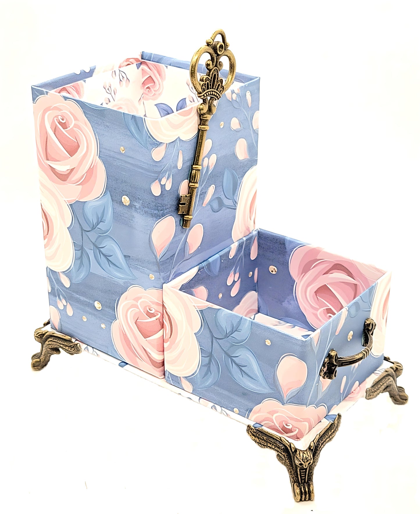 Office Desktop Organizer for Pens and Clips w/Antique Key Accent - Pink Roses on Blue - Chic Brico