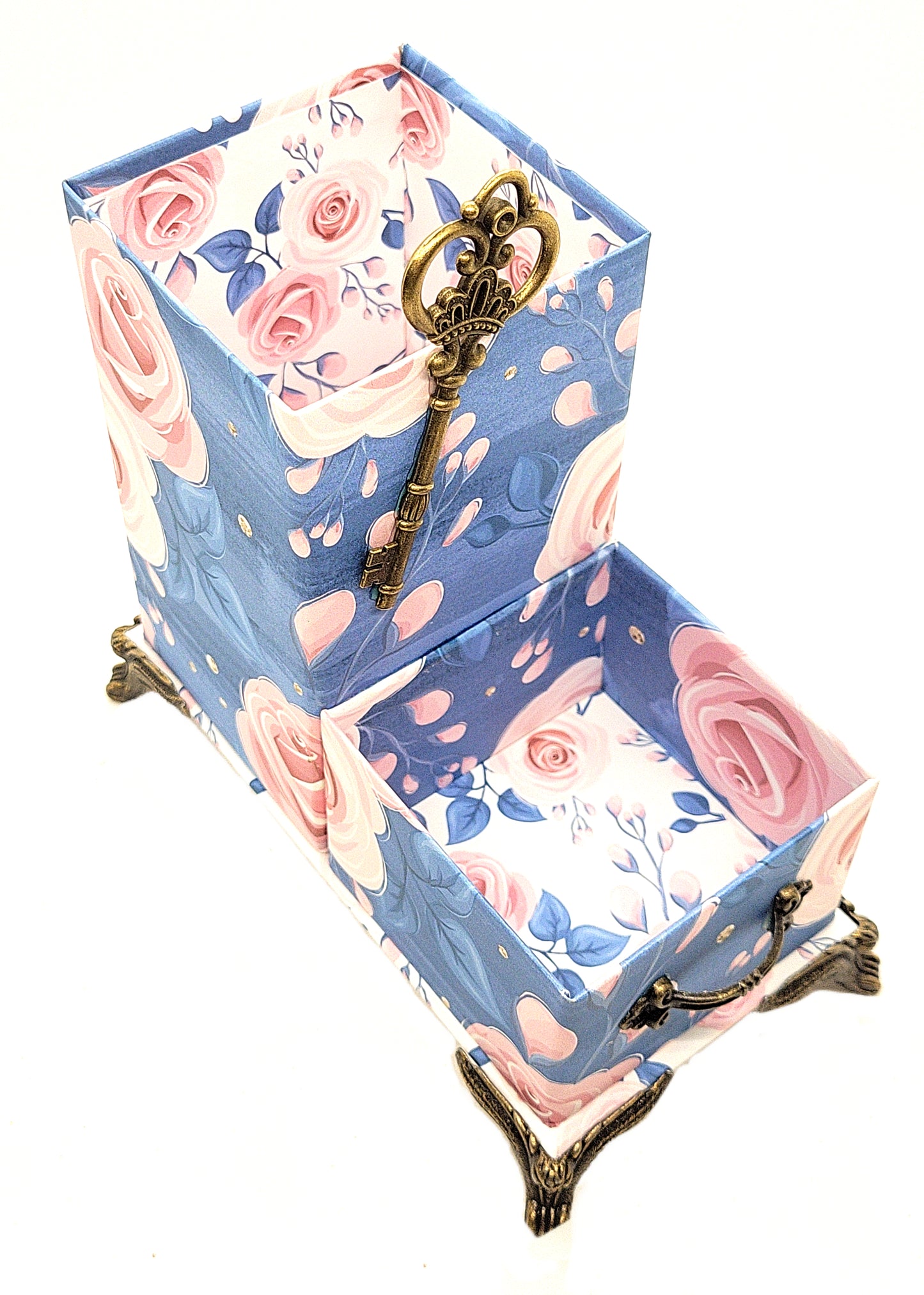 Office Desktop Organizer for Pens and Clips w/Antique Key Accent - Pink Roses on Blue - Chic Brico