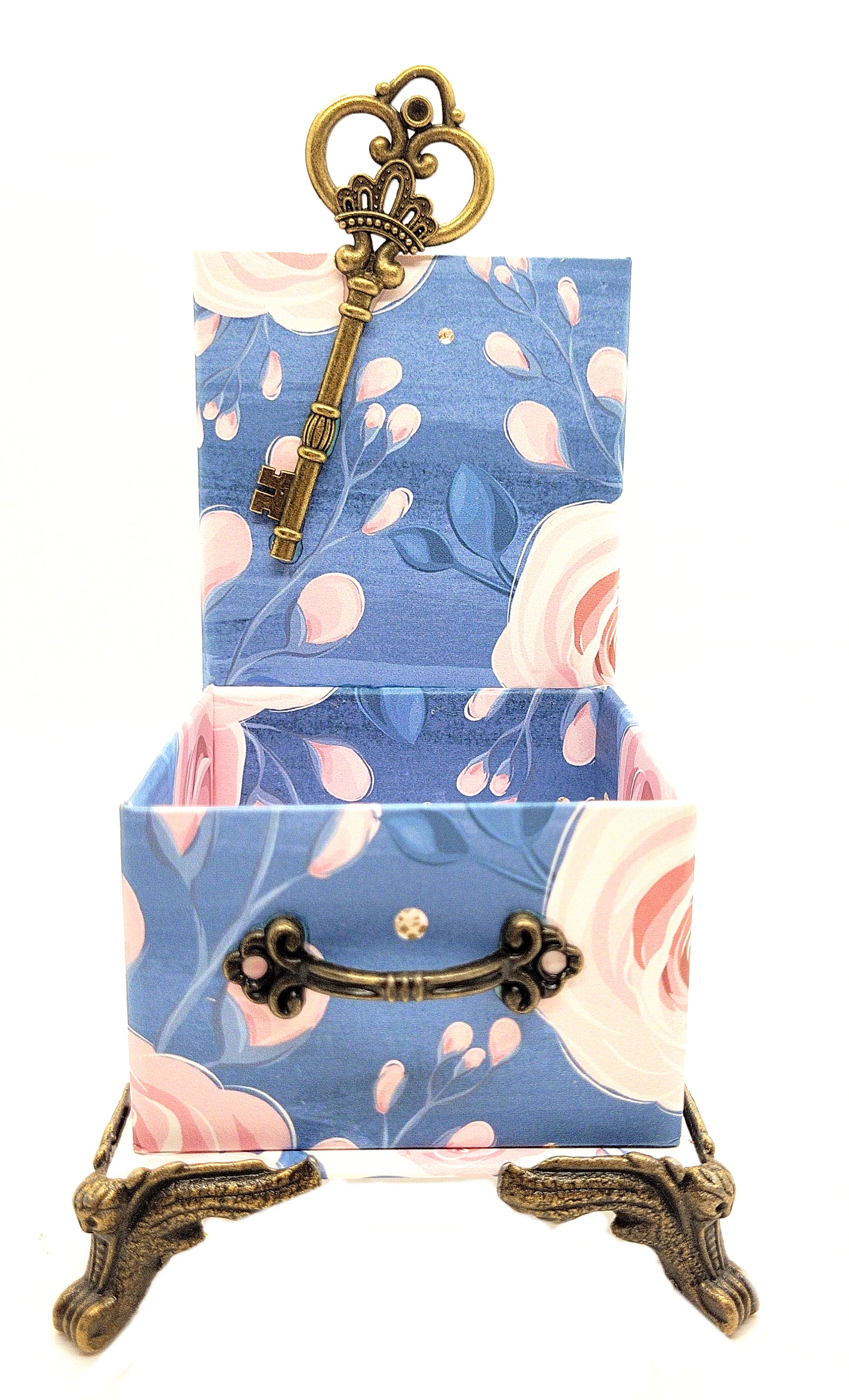 Office Desktop Organizer for Pens and Clips w/Antique Key Accent - Pink Roses on Blue - Chic Brico