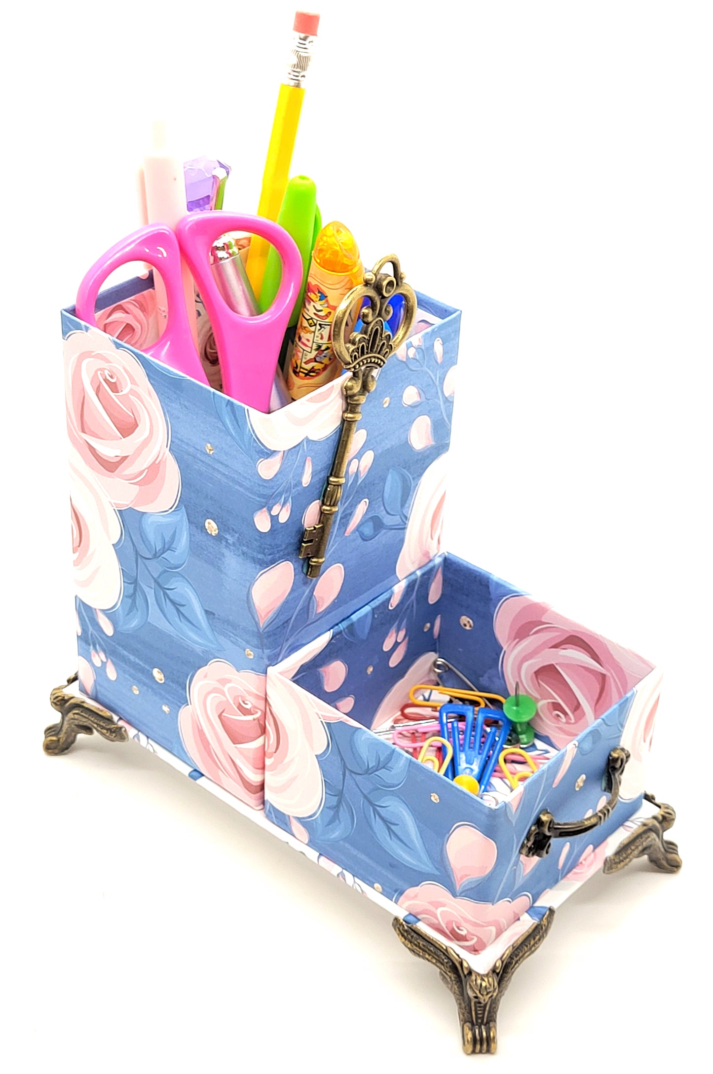 Office Desktop Organizer for Pens and Clips w/Antique Key Accent - Pink Roses on Blue - Chic Brico