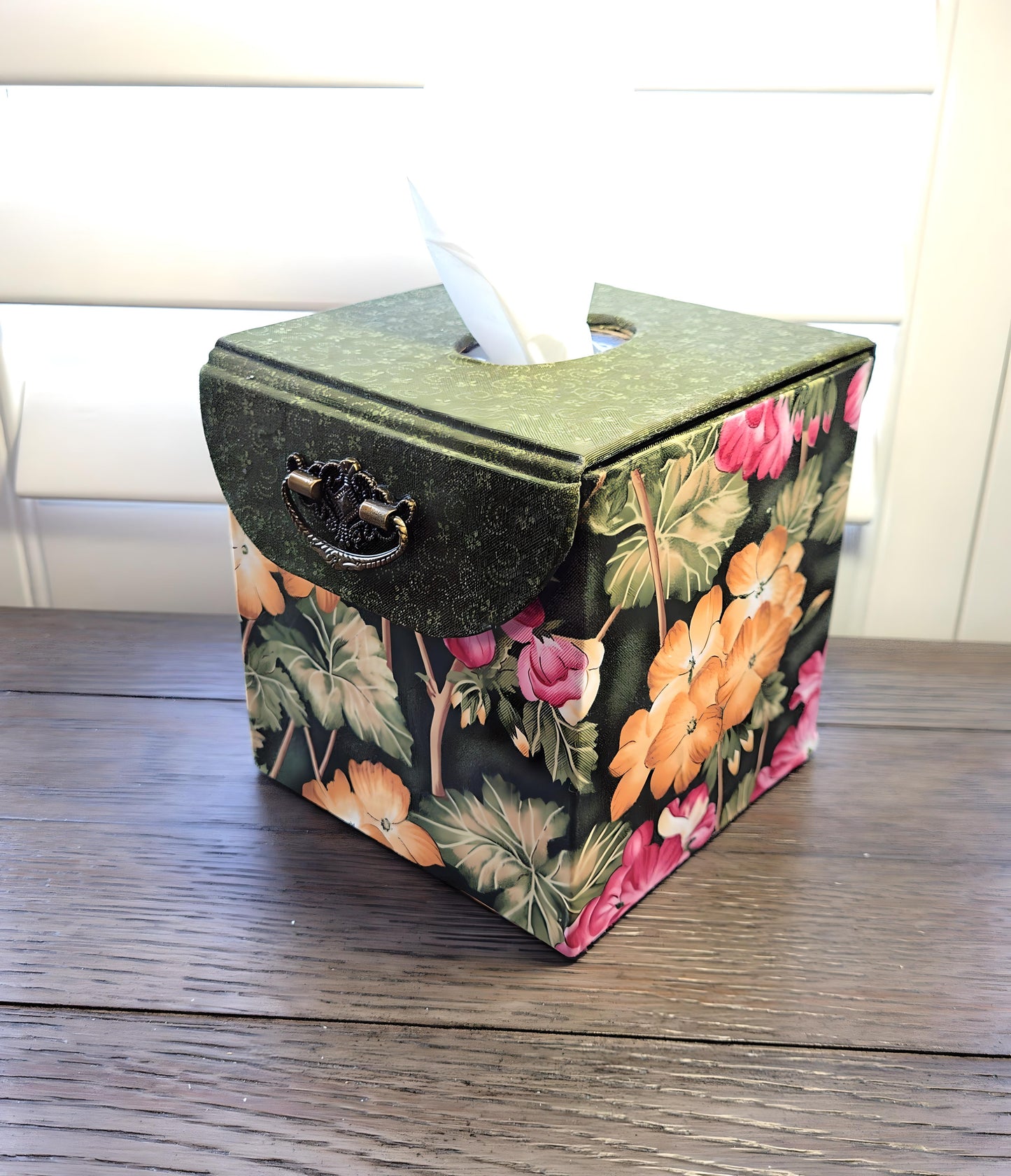 Fabric Covered Tissue Box Holder, Elegant Home, Bath or Bedroom Decor, Dark Olive Green and Vivid Jungle Flowers - Chic Brico