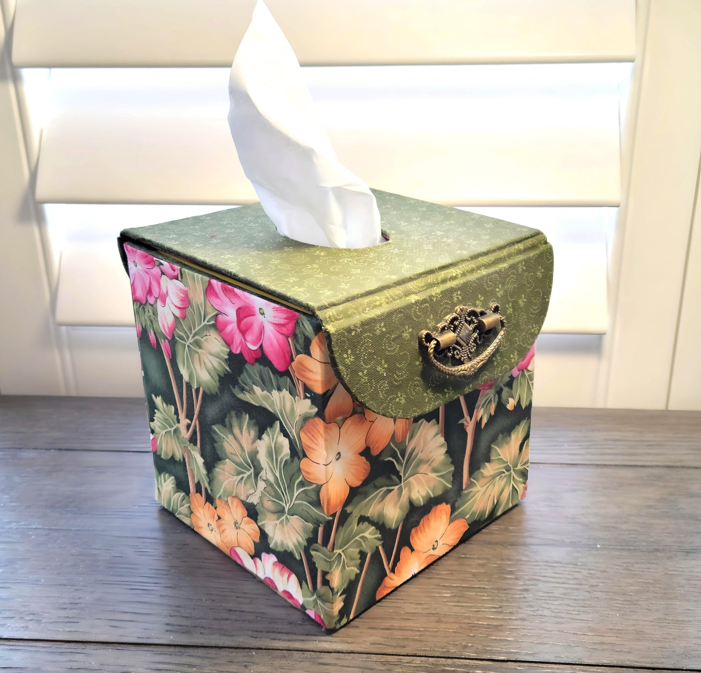 Fabric Covered Tissue Box Holder, Elegant Home, Bath or Bedroom Decor, Dark Olive Green and Vivid Jungle Flowers - Chic Brico