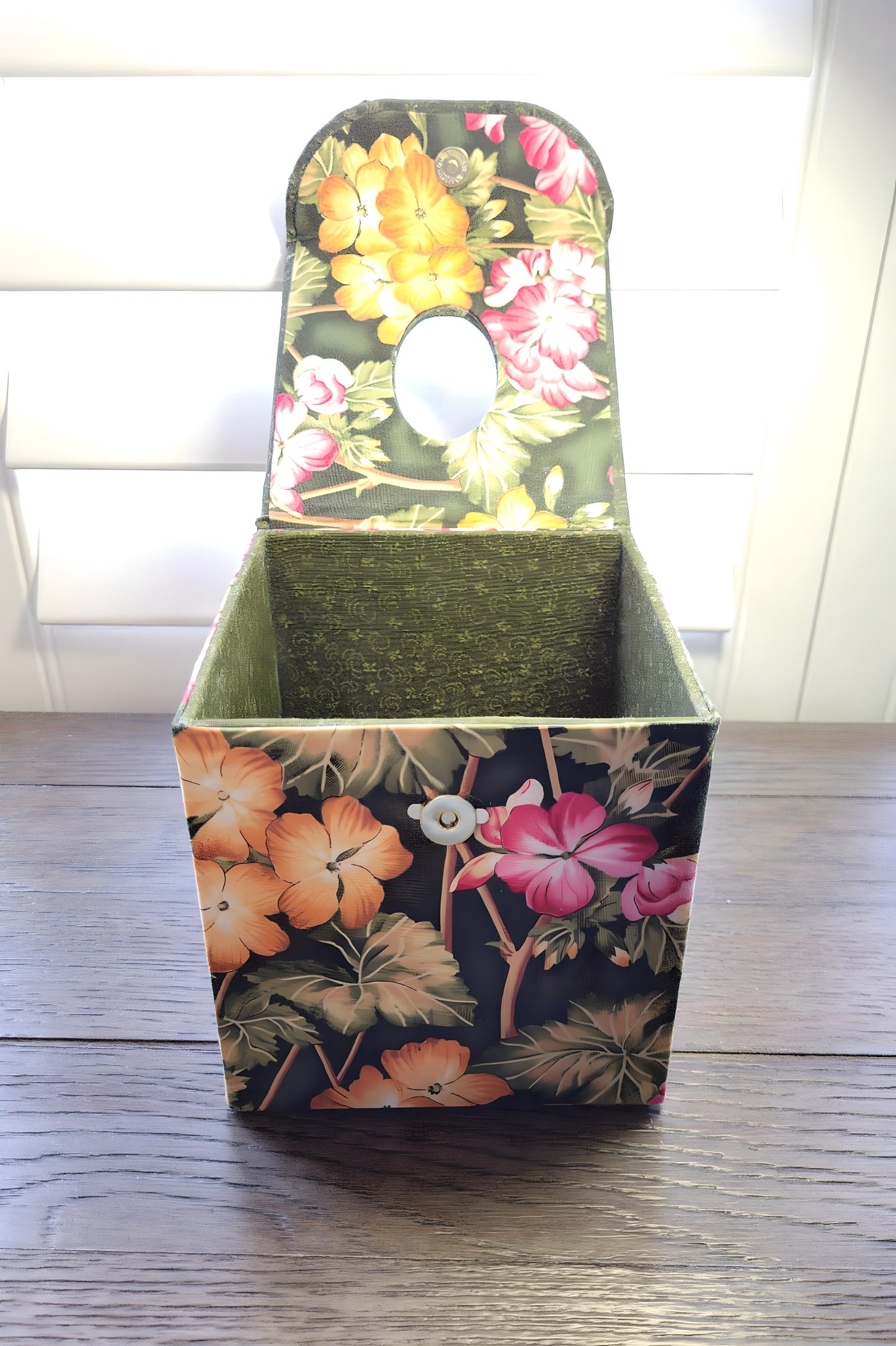 Fabric Covered Tissue Box Holder, Elegant Home, Bath or Bedroom Decor, Dark Olive Green and Vivid Jungle Flowers - Chic Brico