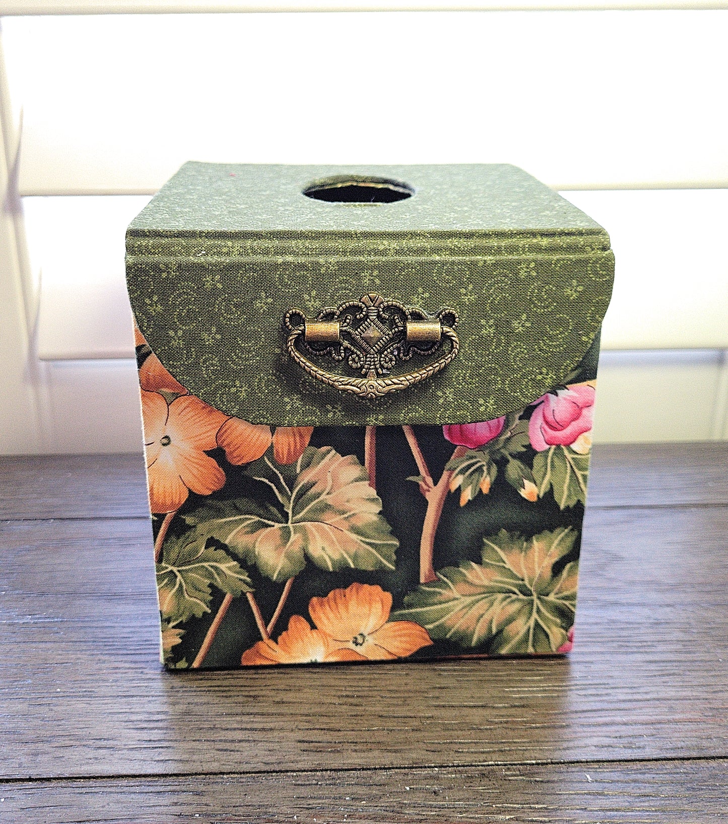 Fabric Covered Tissue Box Holder, Elegant Home, Bath or Bedroom Decor, Dark Olive Green and Vivid Jungle Flowers - Chic Brico