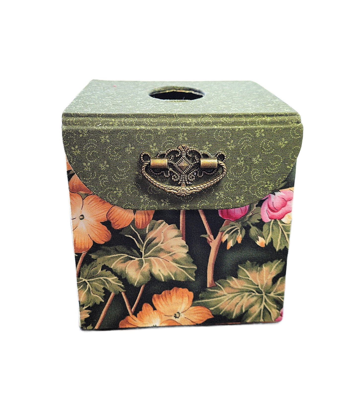Fabric Covered Tissue Box Holder, Elegant Home, Bath or Bedroom Decor, Dark Olive Green and Vivid Jungle Flowers - Chic Brico