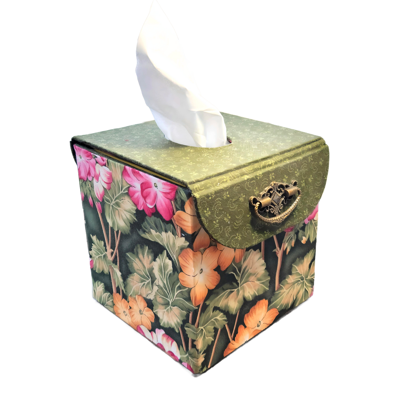 Fabric Covered Tissue Box Holder, Elegant Home, Bath or Bedroom Decor, Dark Olive Green and Vivid Jungle Flowers - Chic Brico