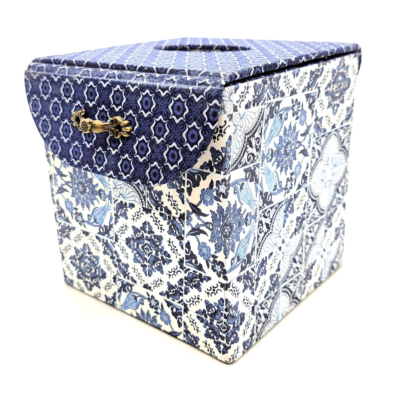 Fabric Covered Tissue Box Holder, Elegant Home, Bath or Bedroom Decor, White and Delft Style Blue Tiles - Chic Brico