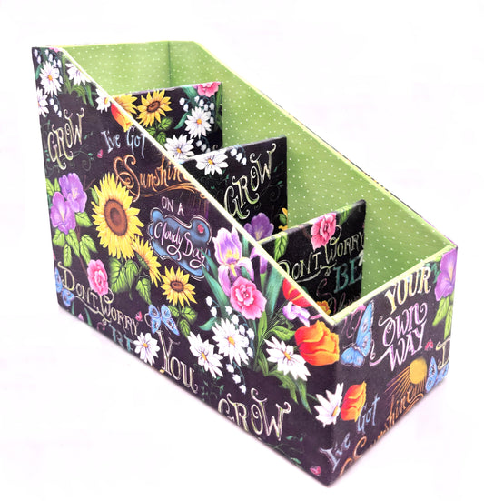 Fabric-Covered Divided Storage Tiered Organizer Box for Desktop or Tabletop, Happy Sayings with Flowers - Chic Brico