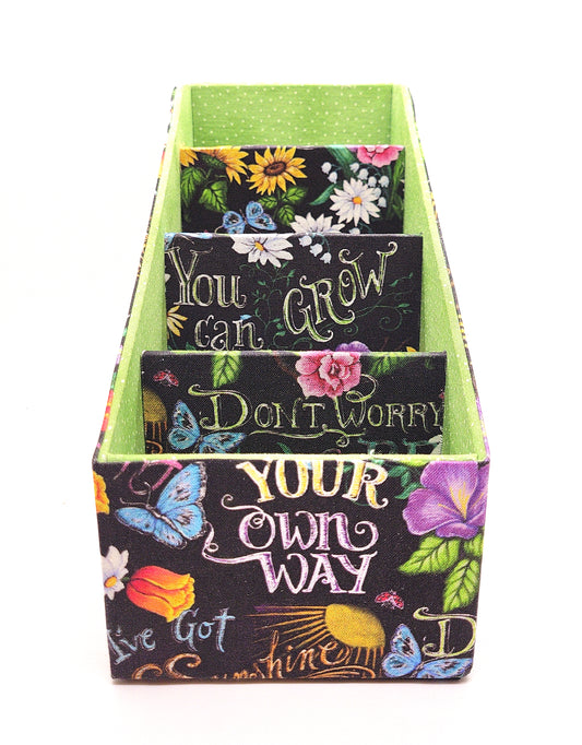 Fabric-Covered Divided Storage Tiered Organizer Box for Desktop or Tabletop, Happy Sayings with Flowers - Chic Brico