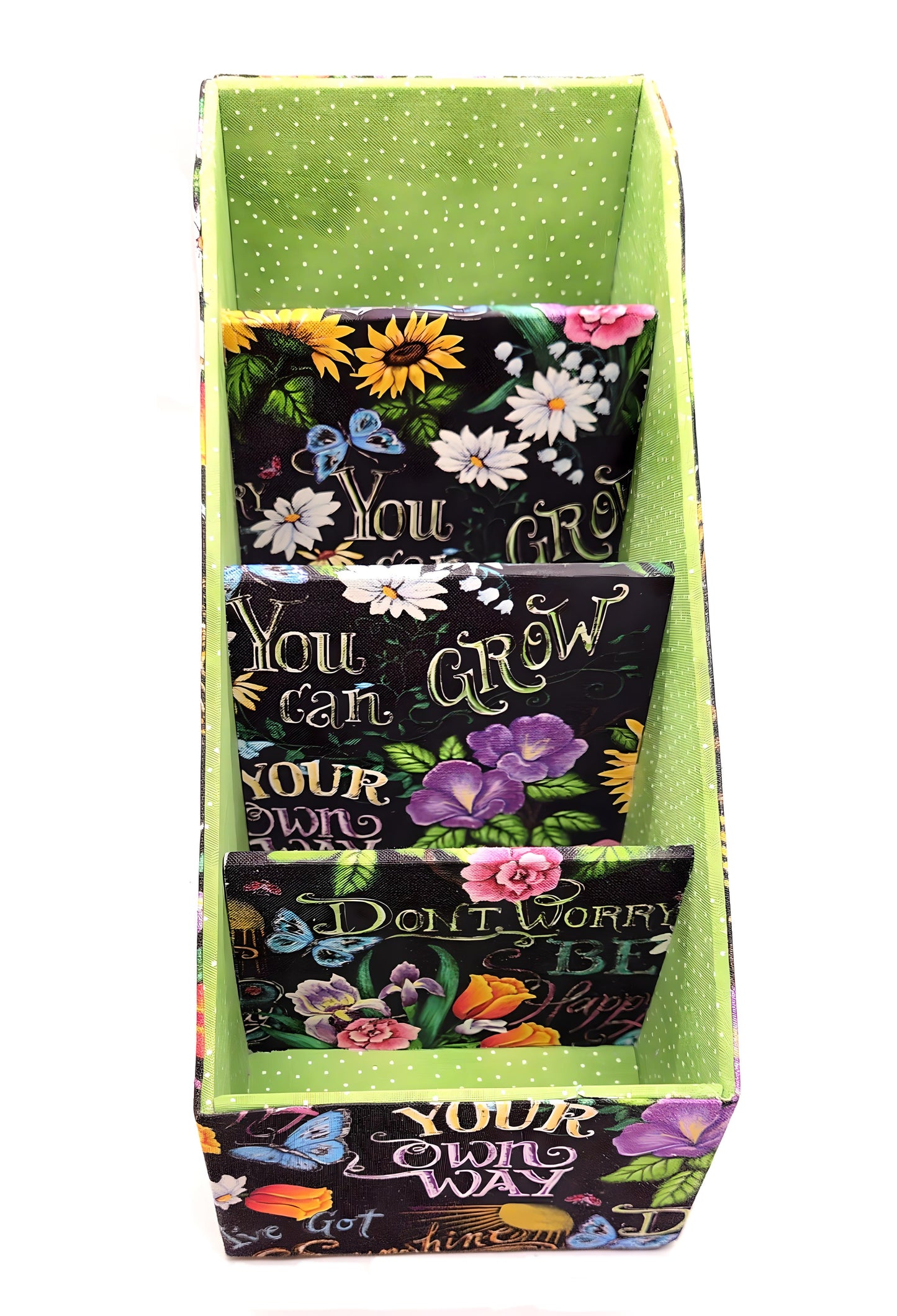 Fabric-Covered Divided Storage Tiered Organizer Box for Desktop or Tabletop, Happy Sayings with Flowers - Chic Brico