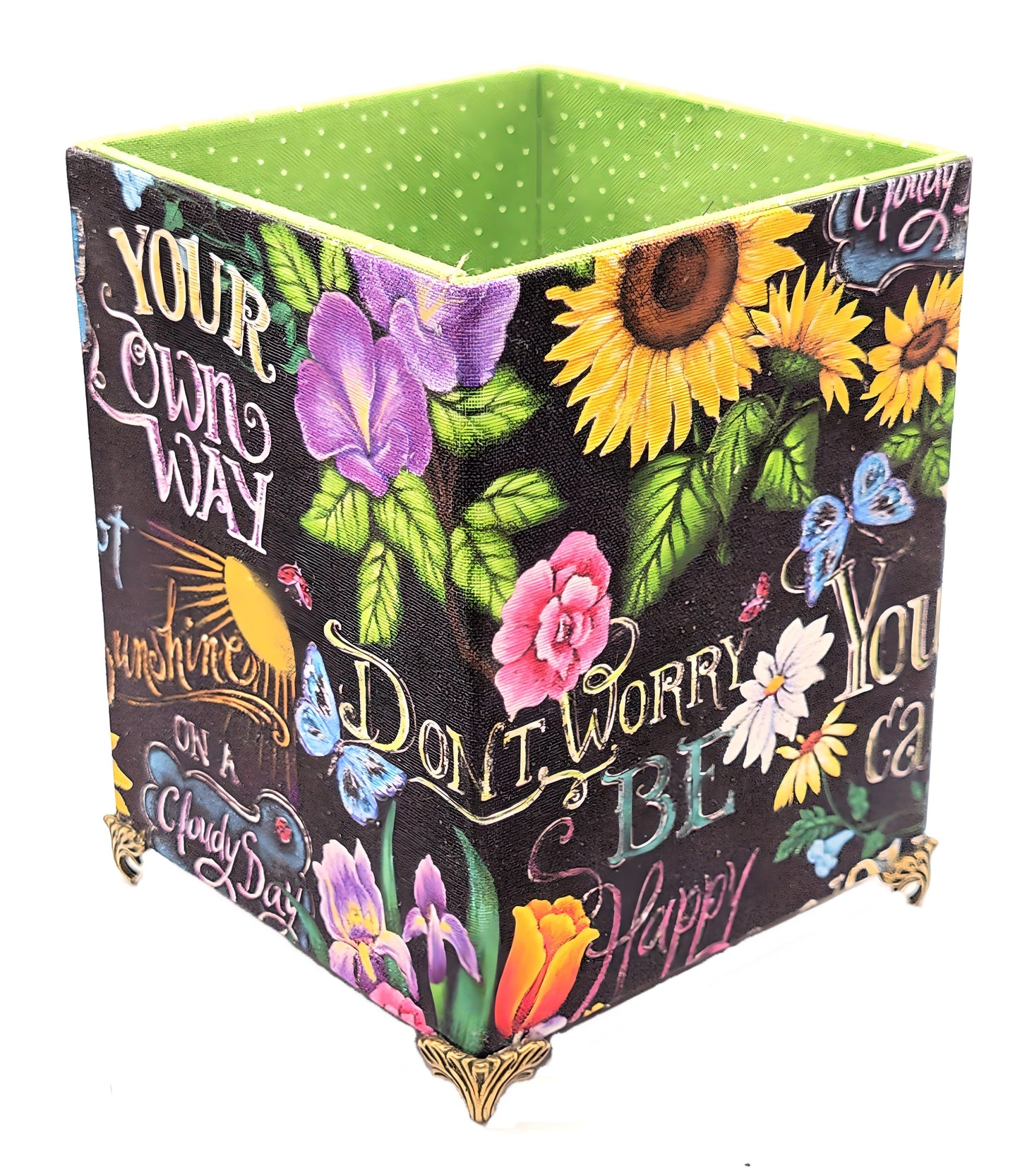 Fabric-Covered Pen Pencil Cosmetics Brushes Holder, Desktop Organizer, Happy Sayings with Flowers - Chic Brico