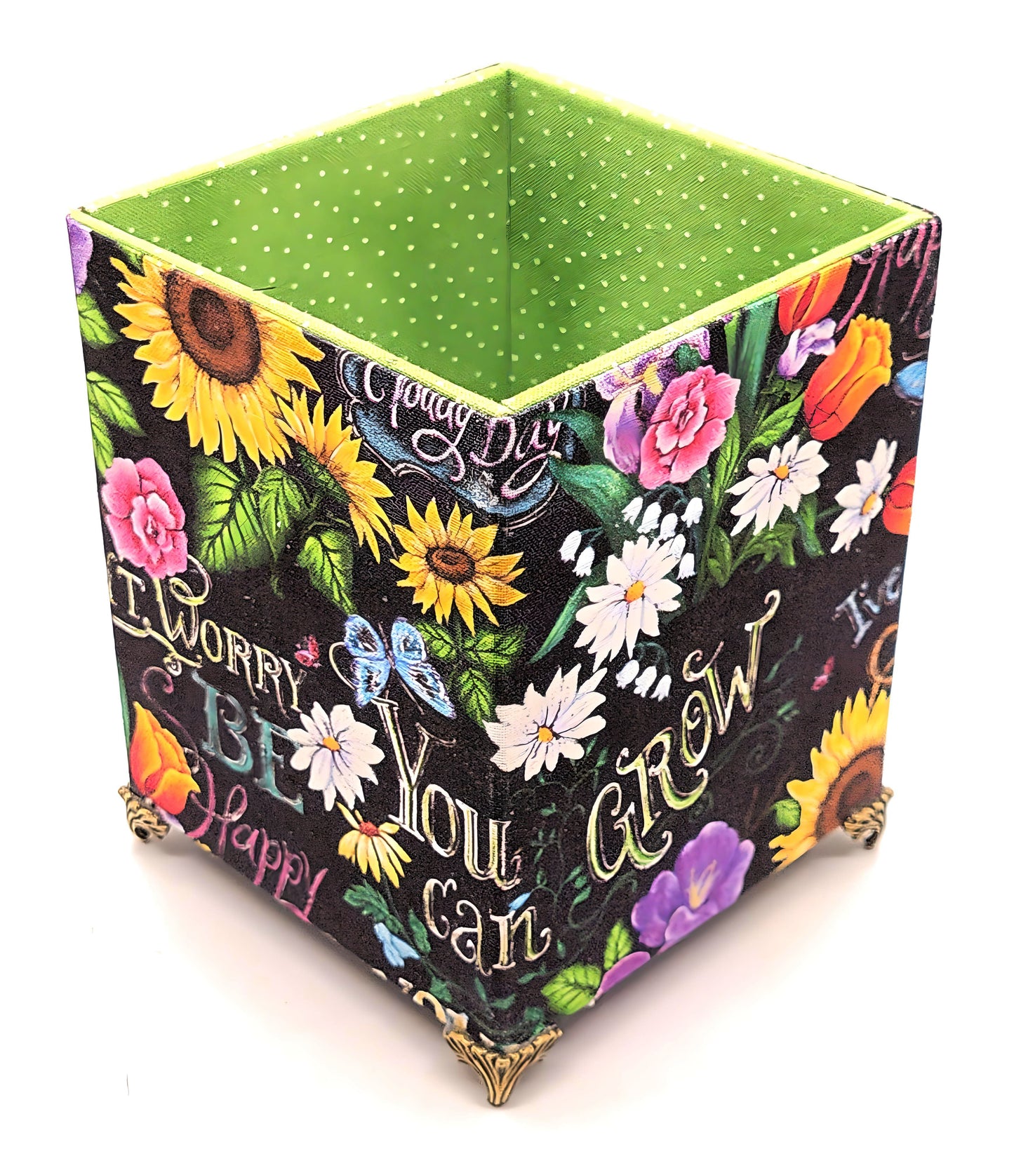 Fabric-Covered Pen Pencil Cosmetics Brushes Holder, Desktop Organizer, Happy Sayings with Flowers - Chic Brico