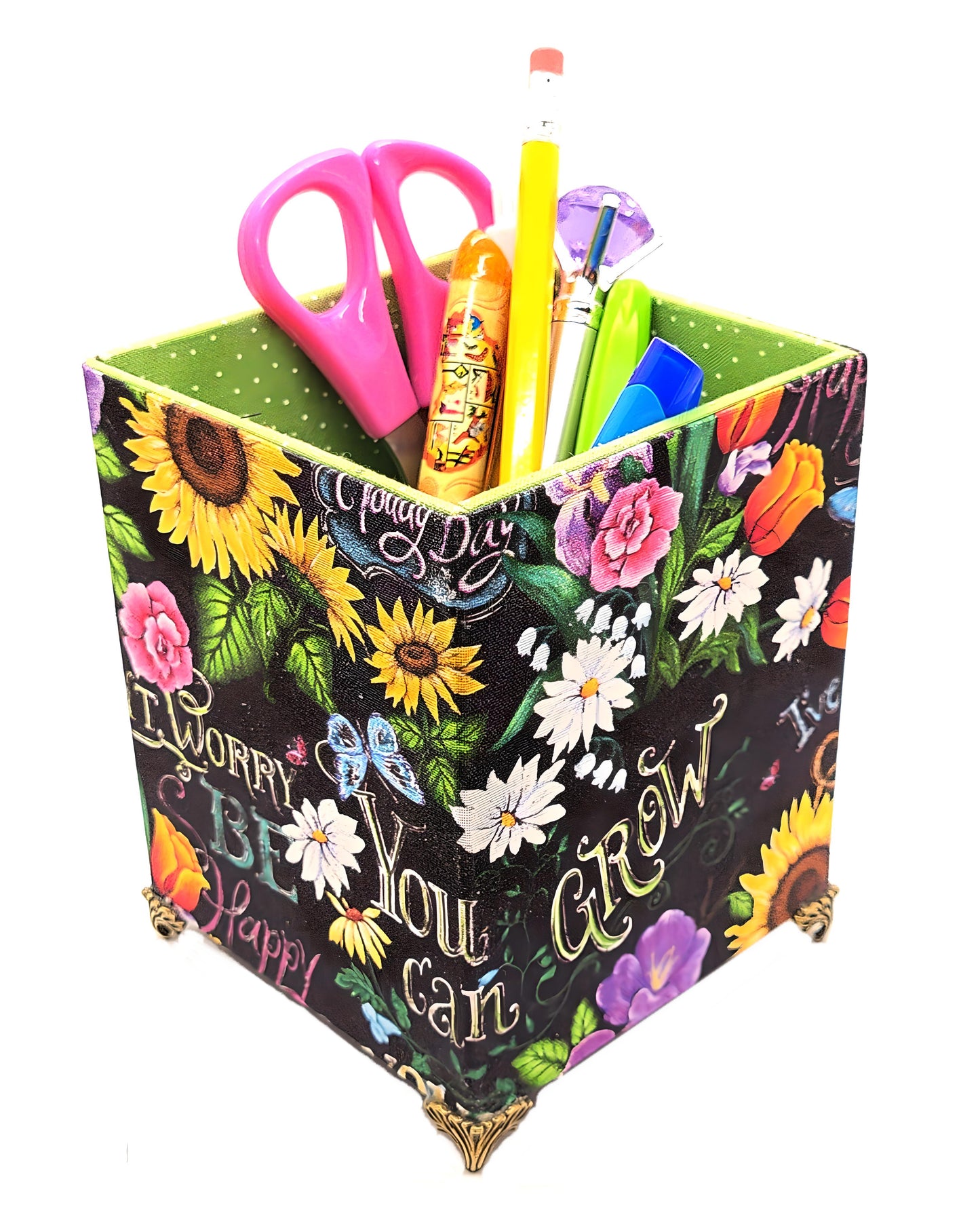 Fabric-Covered Pen Pencil Cosmetics Brushes Holder, Desktop Organizer, Happy Sayings with Flowers - Chic Brico