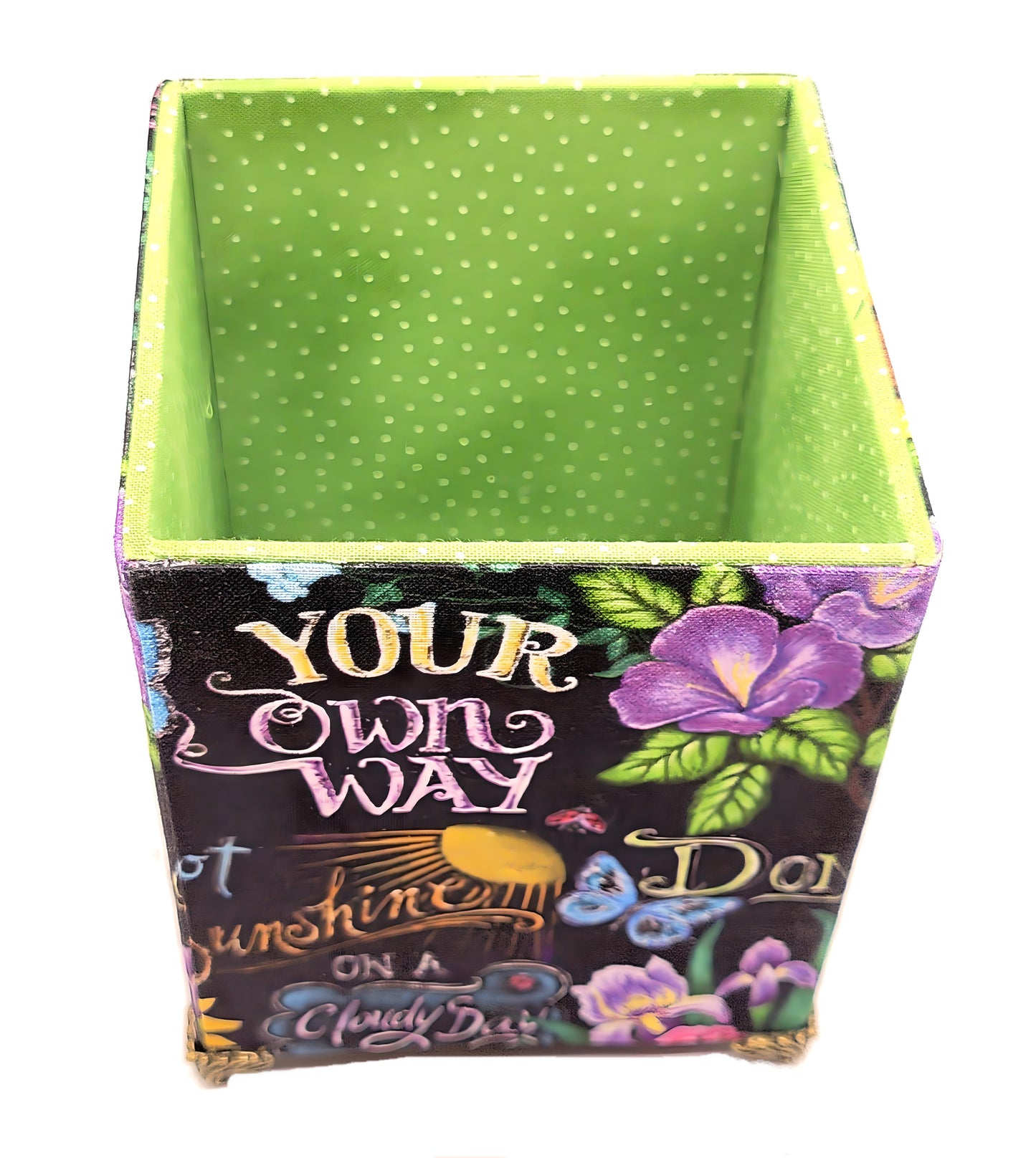 Fabric-Covered Pen Pencil Cosmetics Brushes Holder, Desktop Organizer, Happy Sayings with Flowers - Chic Brico