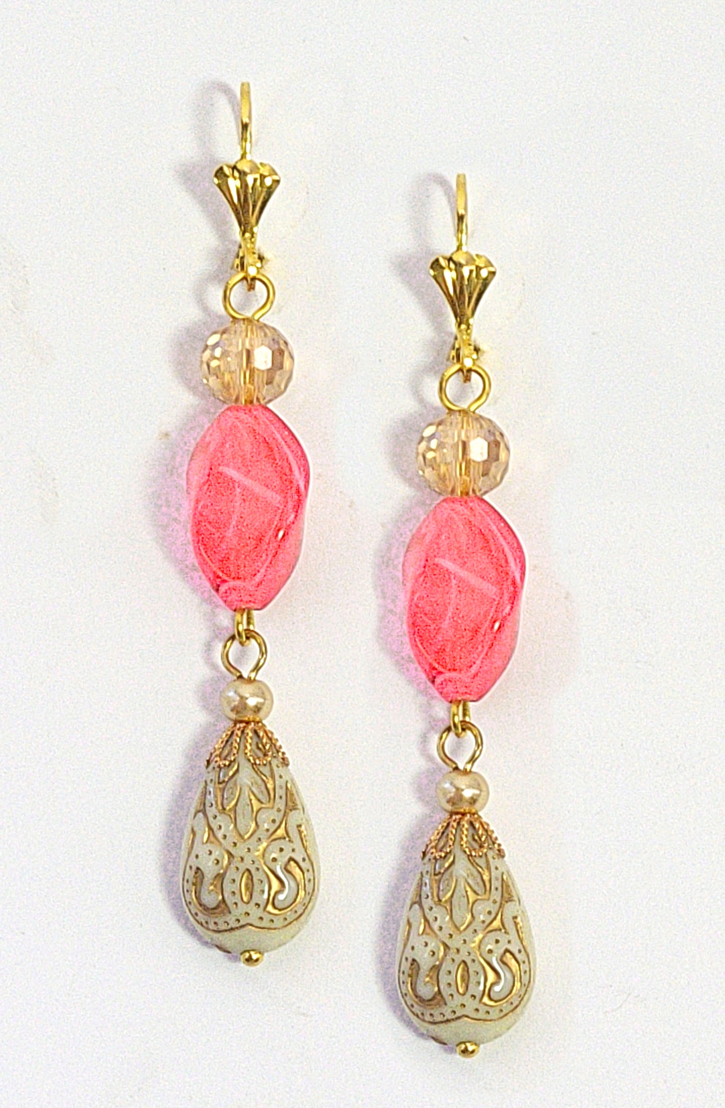 Gold Embossed Teardrop and Crystal Long Boho Dangle Earrings - Ivory and Coral Pink - Chic Brico