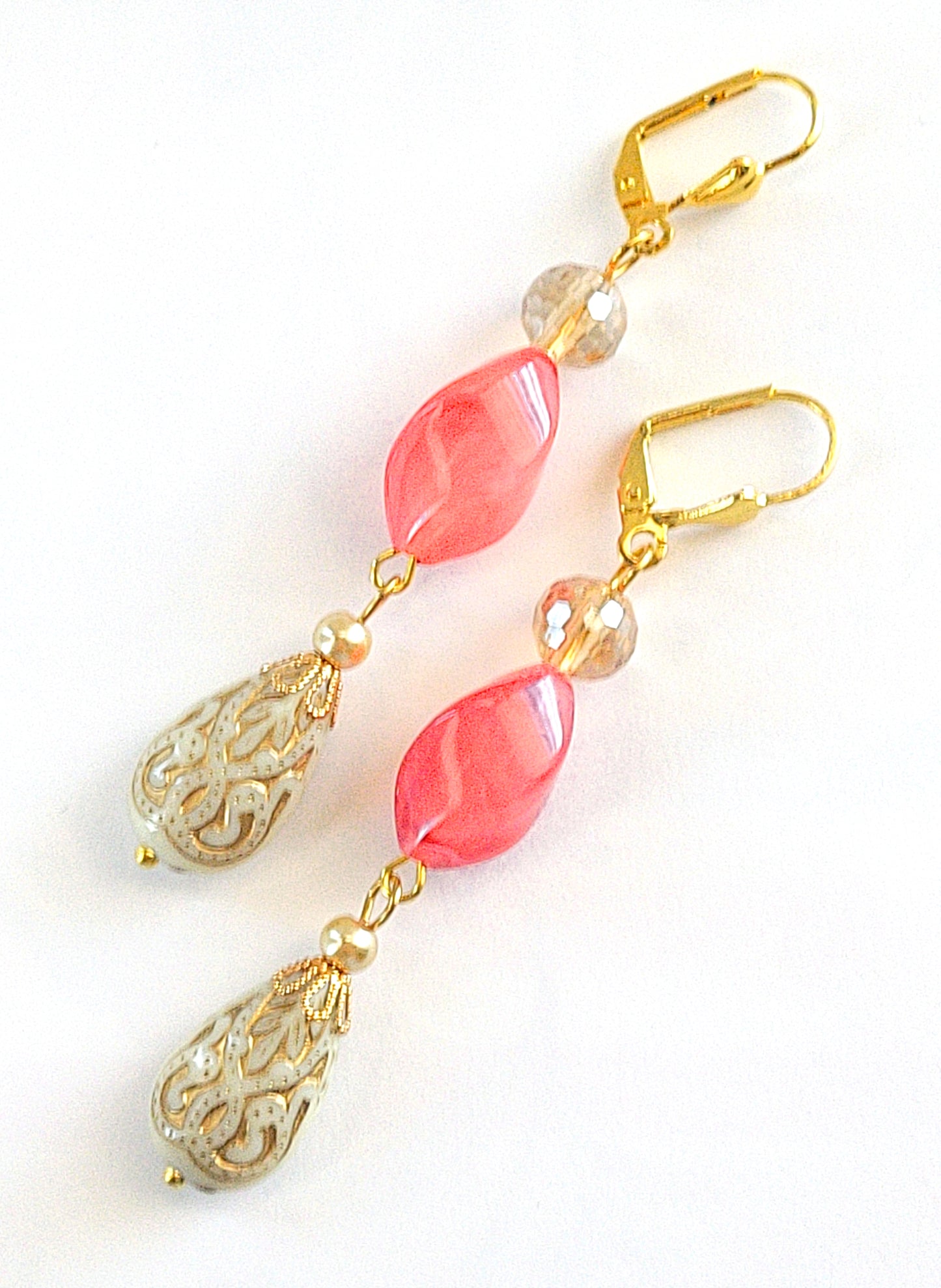 Gold Embossed Teardrop and Crystal Long Boho Dangle Earrings - Ivory and Coral Pink - Chic Brico