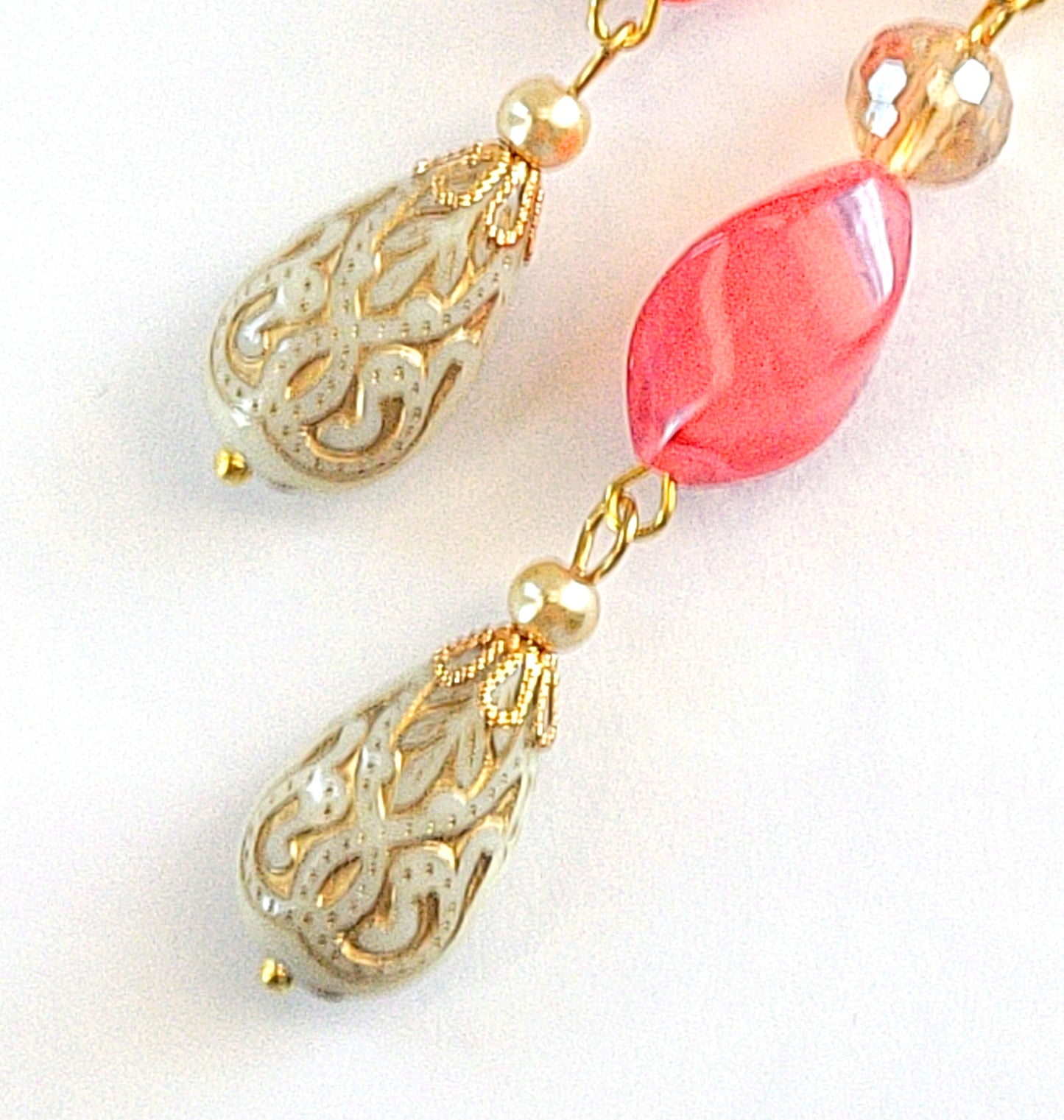 Gold Embossed Teardrop and Crystal Long Boho Dangle Earrings - Ivory and Coral Pink - Chic Brico