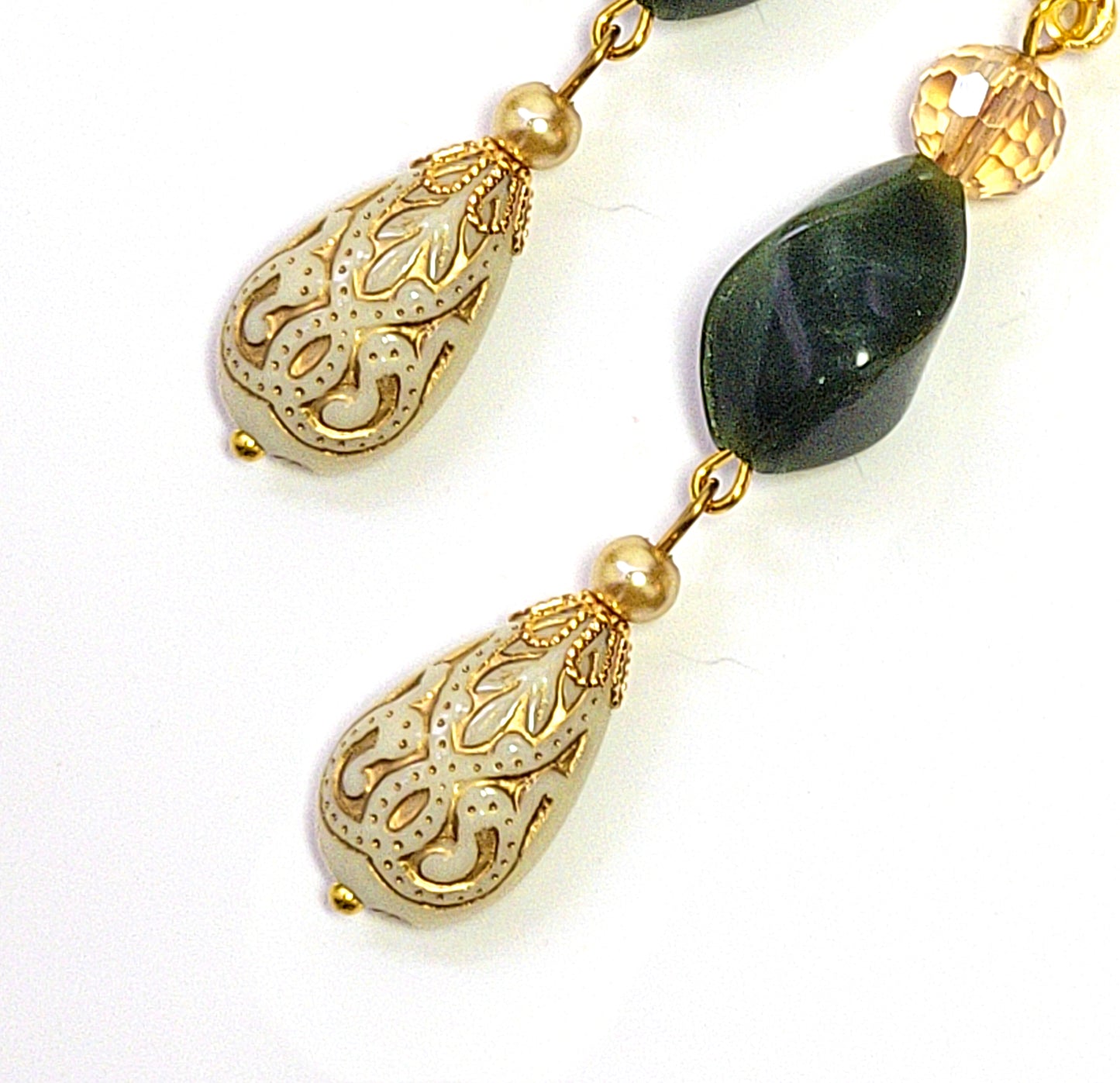 Gold Embossed Teardrop and Crystal Long Boho Dangle Earrings - Ivory and Emerald Green - Chic Brico