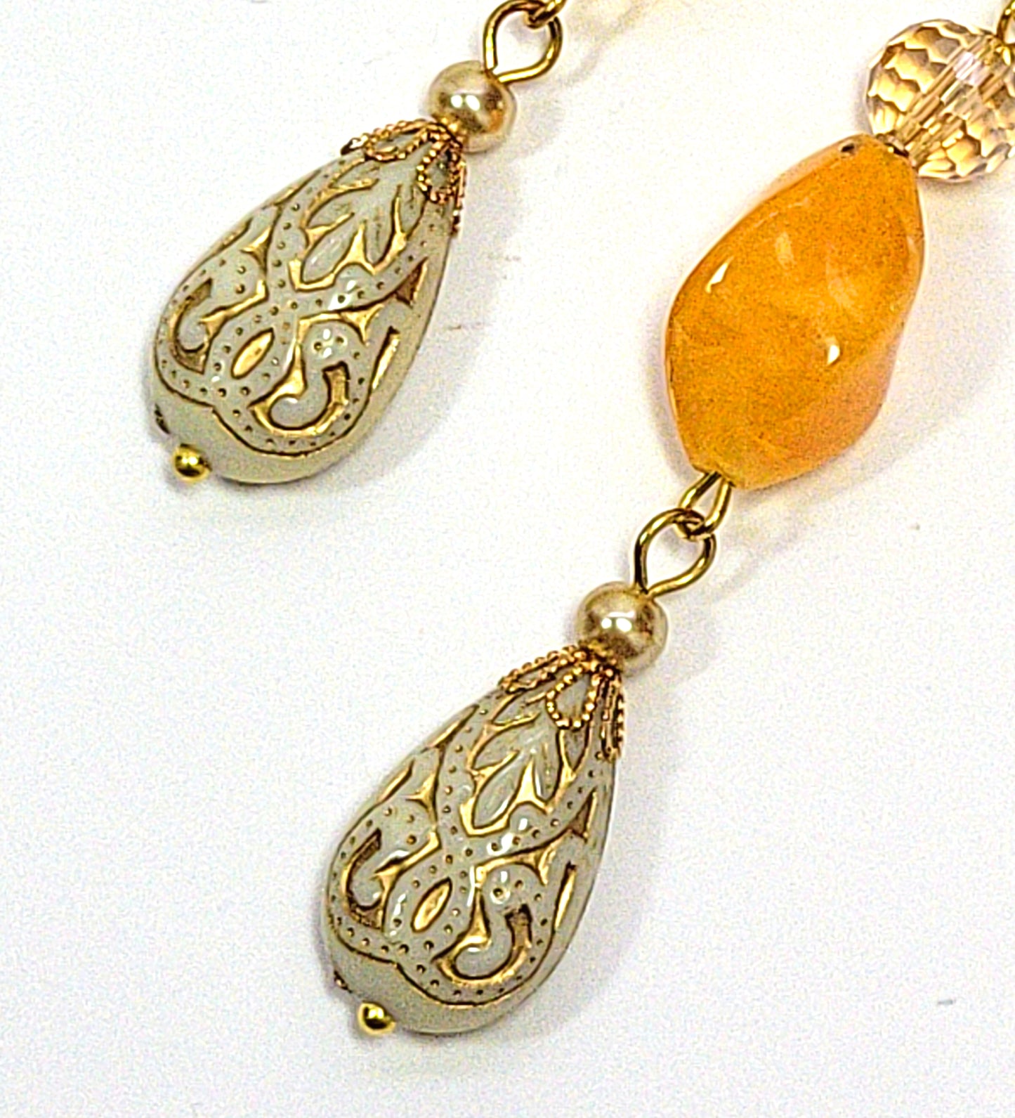 Gold Embossed Teardrop and Crystal Long Boho Dangle Earrings - Ivory and Golden Amber - Chic Brico