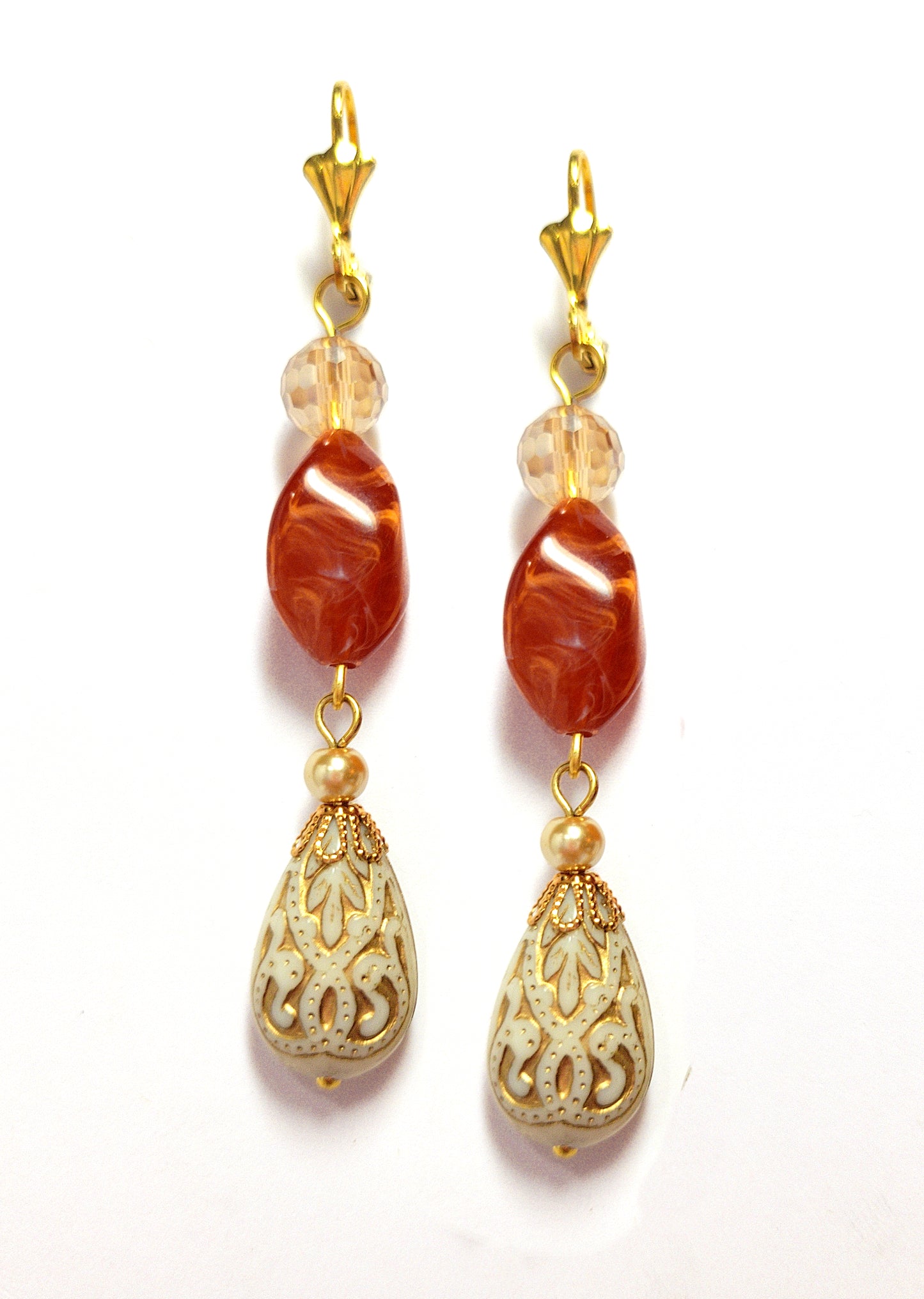 Gold Embossed Teardrop and Crystal Long Boho Dangle Earrings - Ivory and Rust Red - Chic Brico