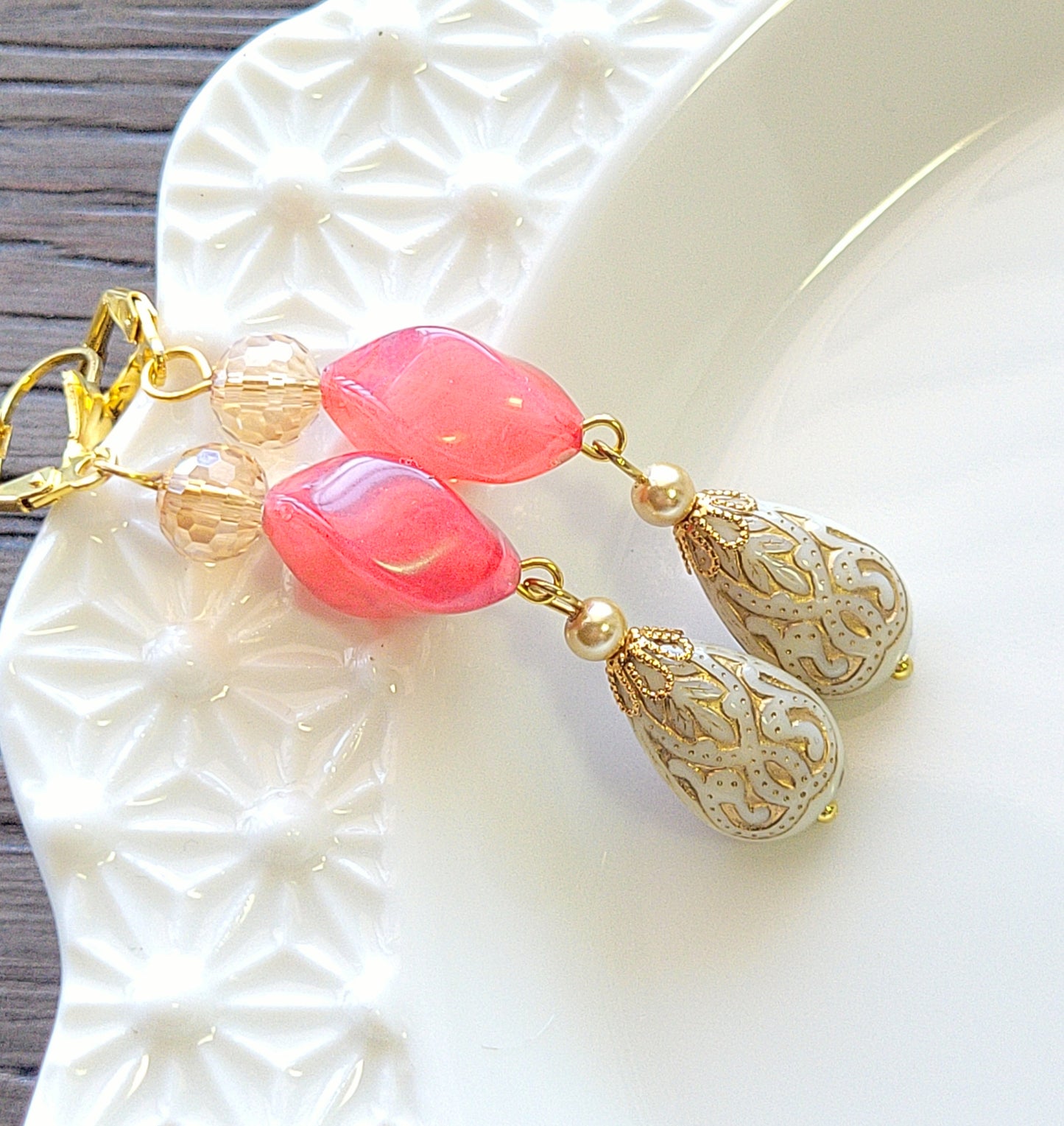 Gold Embossed Teardrop and Crystal Long Boho Dangle Earrings - Ivory and Coral Pink - Chic Brico