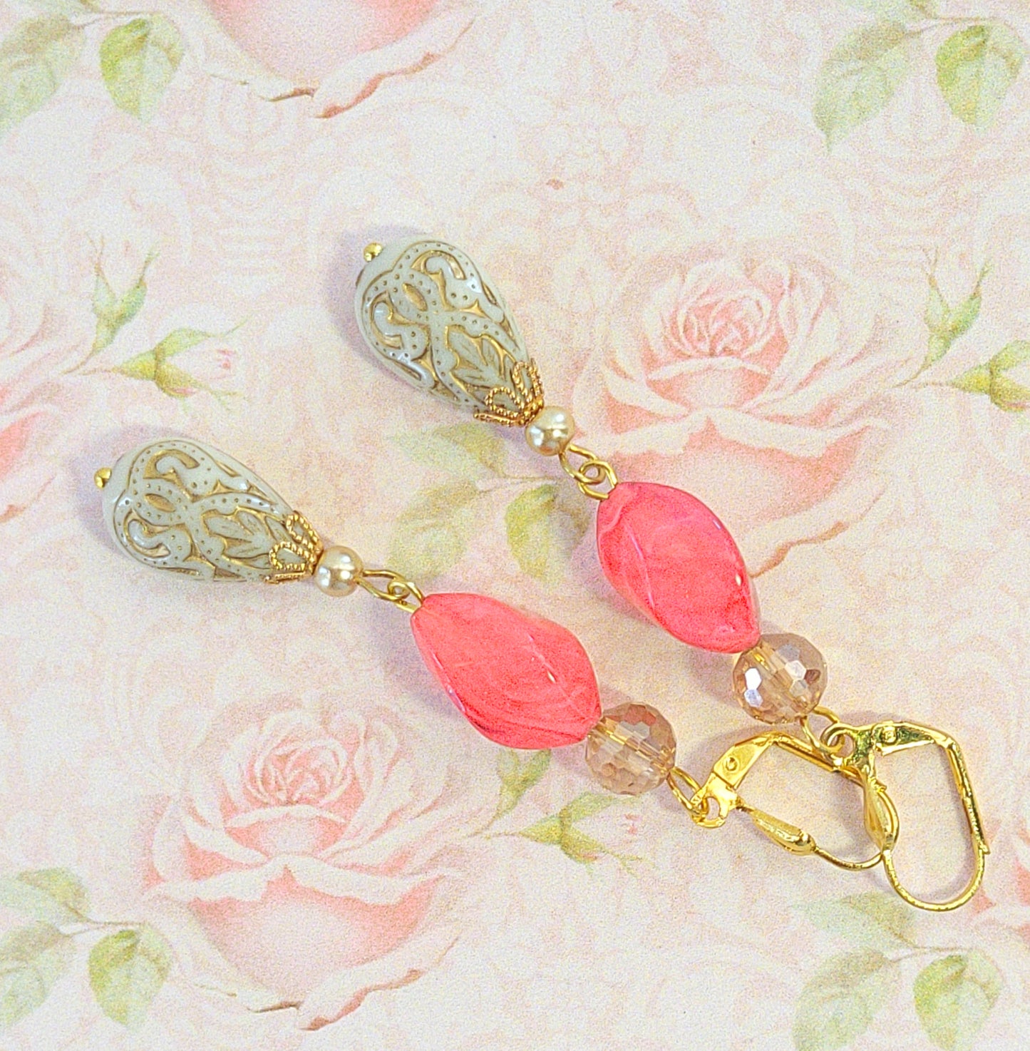 Gold Embossed Teardrop and Crystal Long Boho Dangle Earrings - Ivory and Coral Pink - Chic Brico
