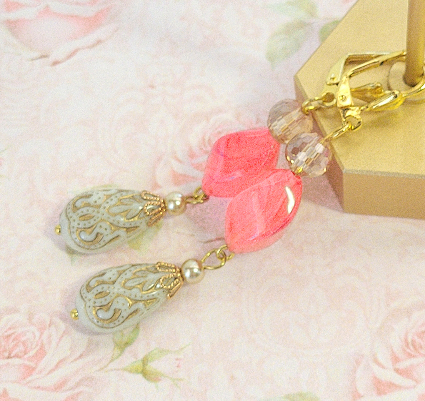 Gold Embossed Teardrop and Crystal Long Boho Dangle Earrings - Ivory and Coral Pink - Chic Brico