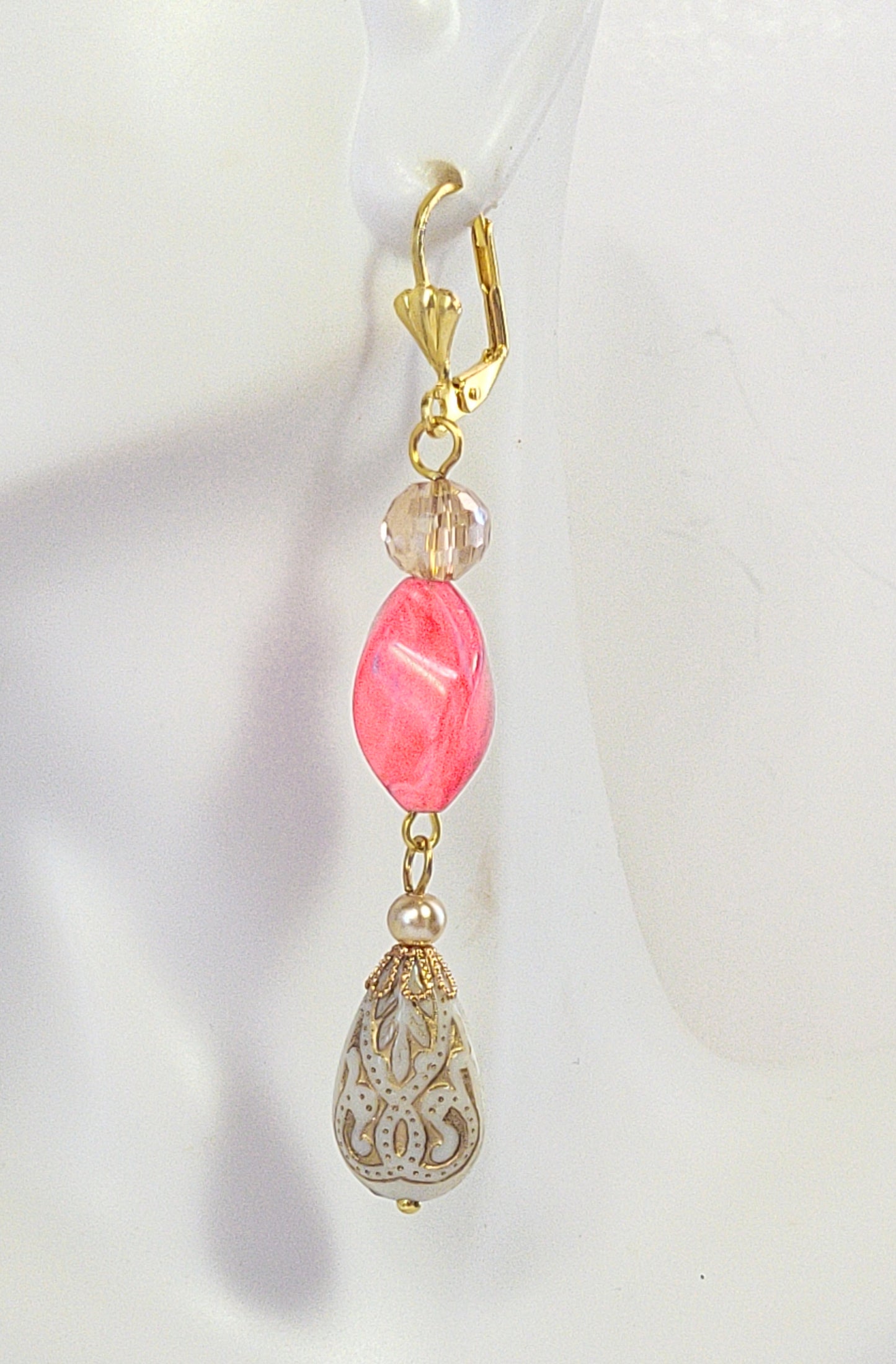 Gold Embossed Teardrop and Crystal Long Boho Dangle Earrings - Ivory and Coral Pink - Chic Brico